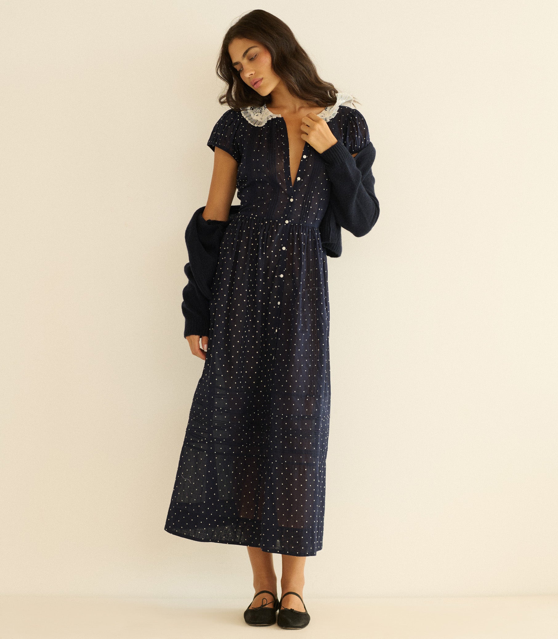 Amrie Dress - Navy Flock Dot | DEN Navy Flock Dot / L Amrie Dress - Navy Flock Dot | DEN Navy Flock Dot / L