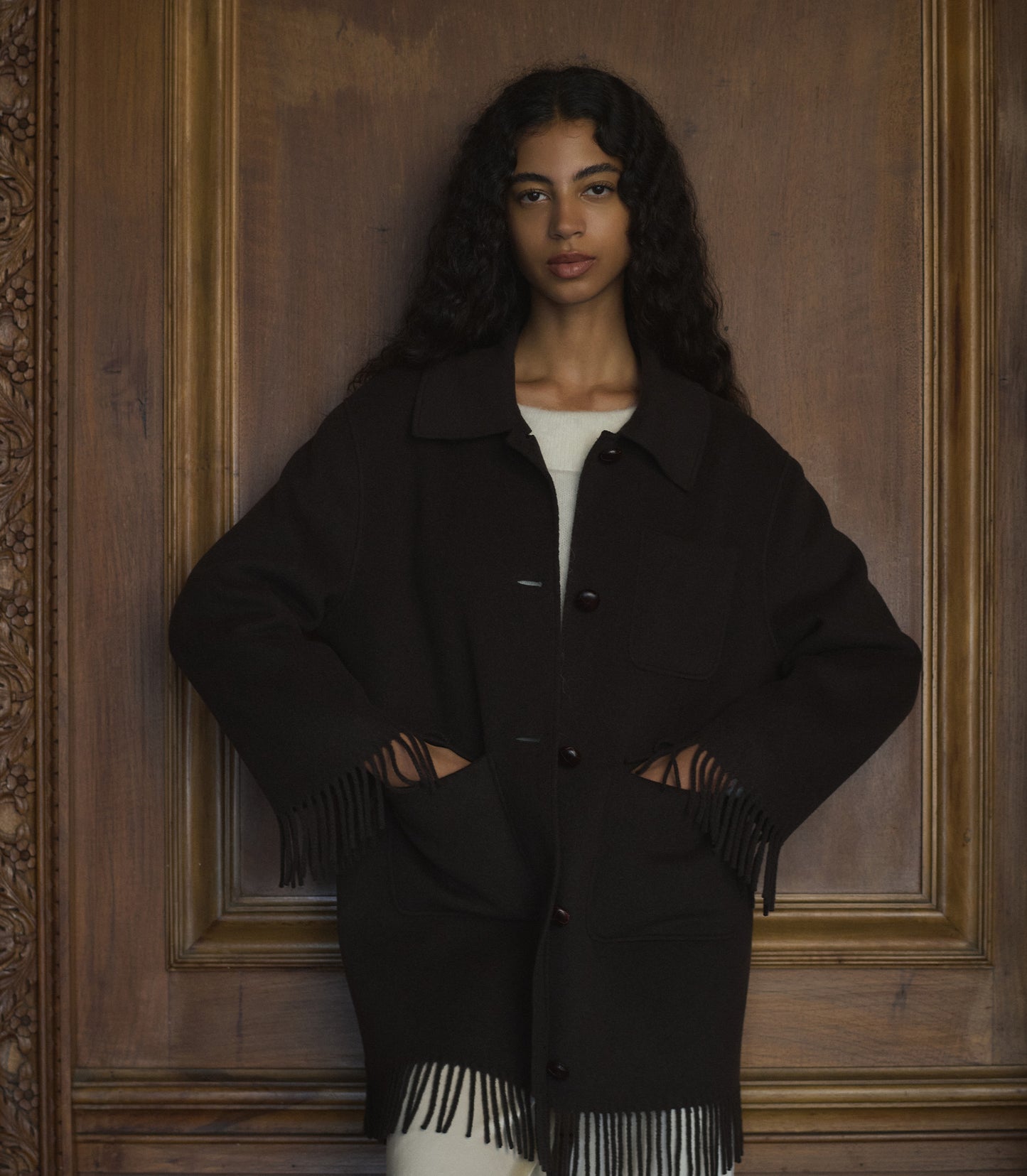 GERMAIN FRINGE COAT -- BITTER CHOCOLATE