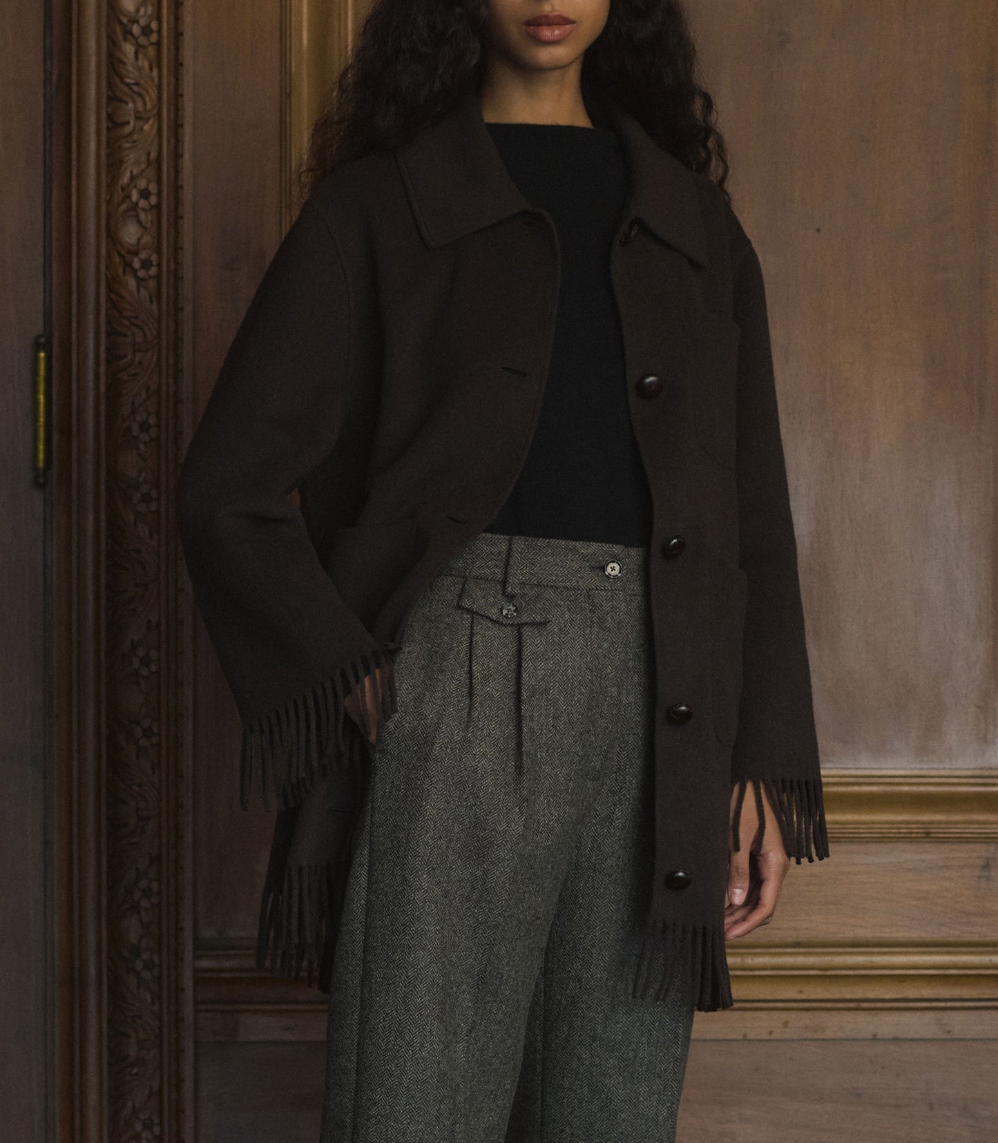 GERMAIN FRINGE COAT -- BITTER CHOCOLATE