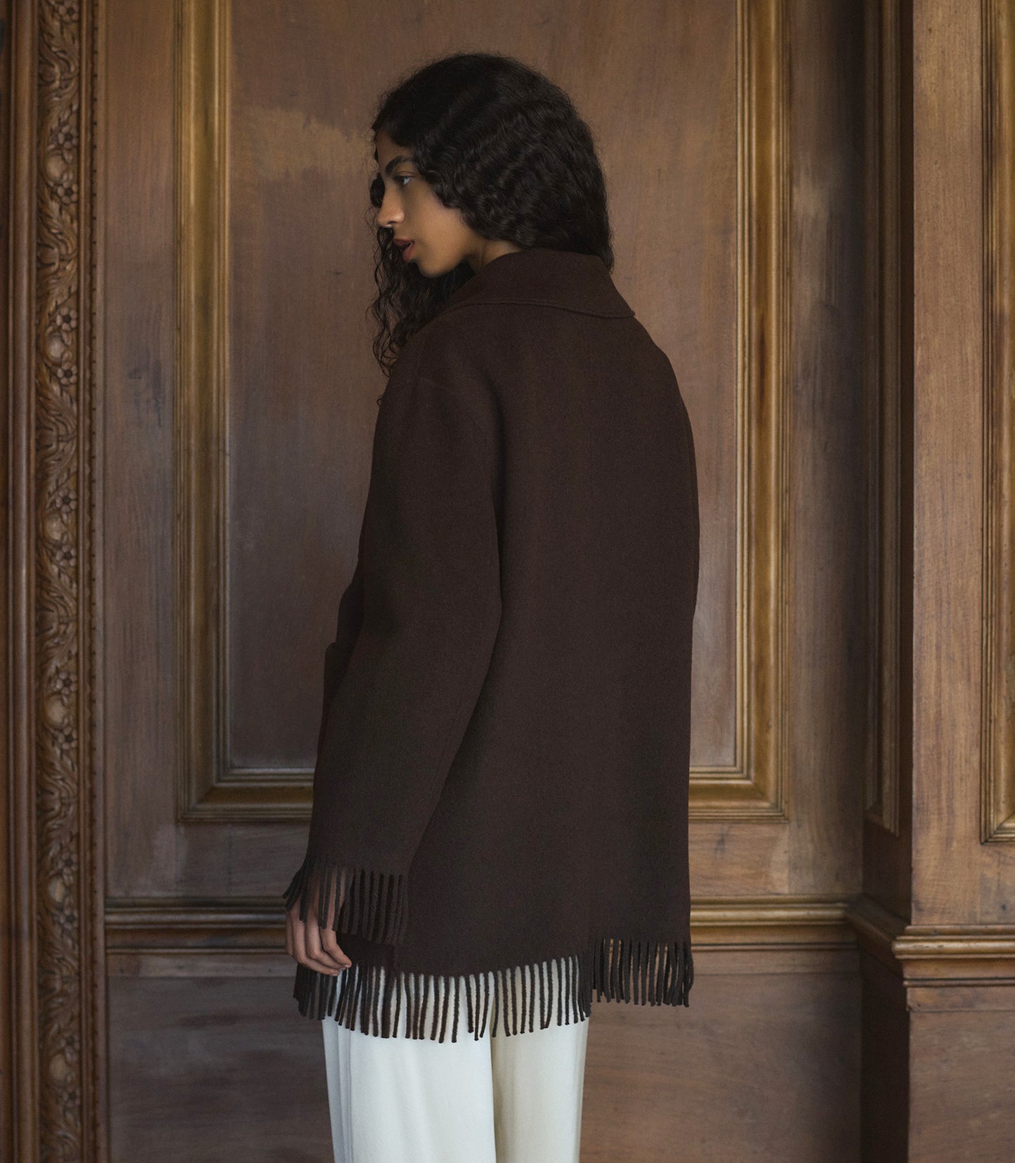 GERMAIN FRINGE COAT -- BITTER CHOCOLATE