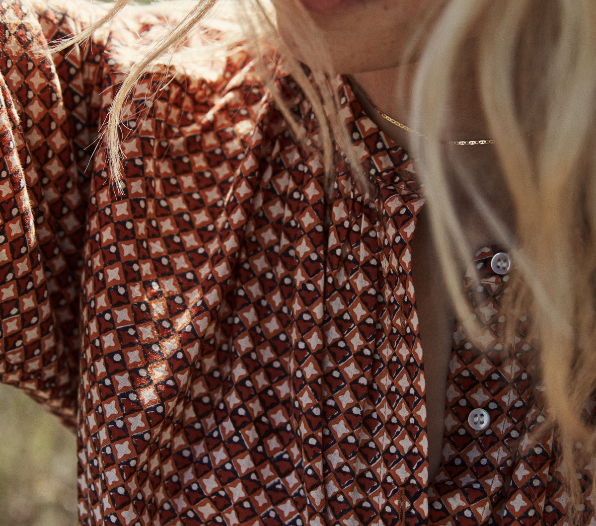 HMD -- THE JANE BLOUSE -- CLAY COMBO BLOCK PRINT
