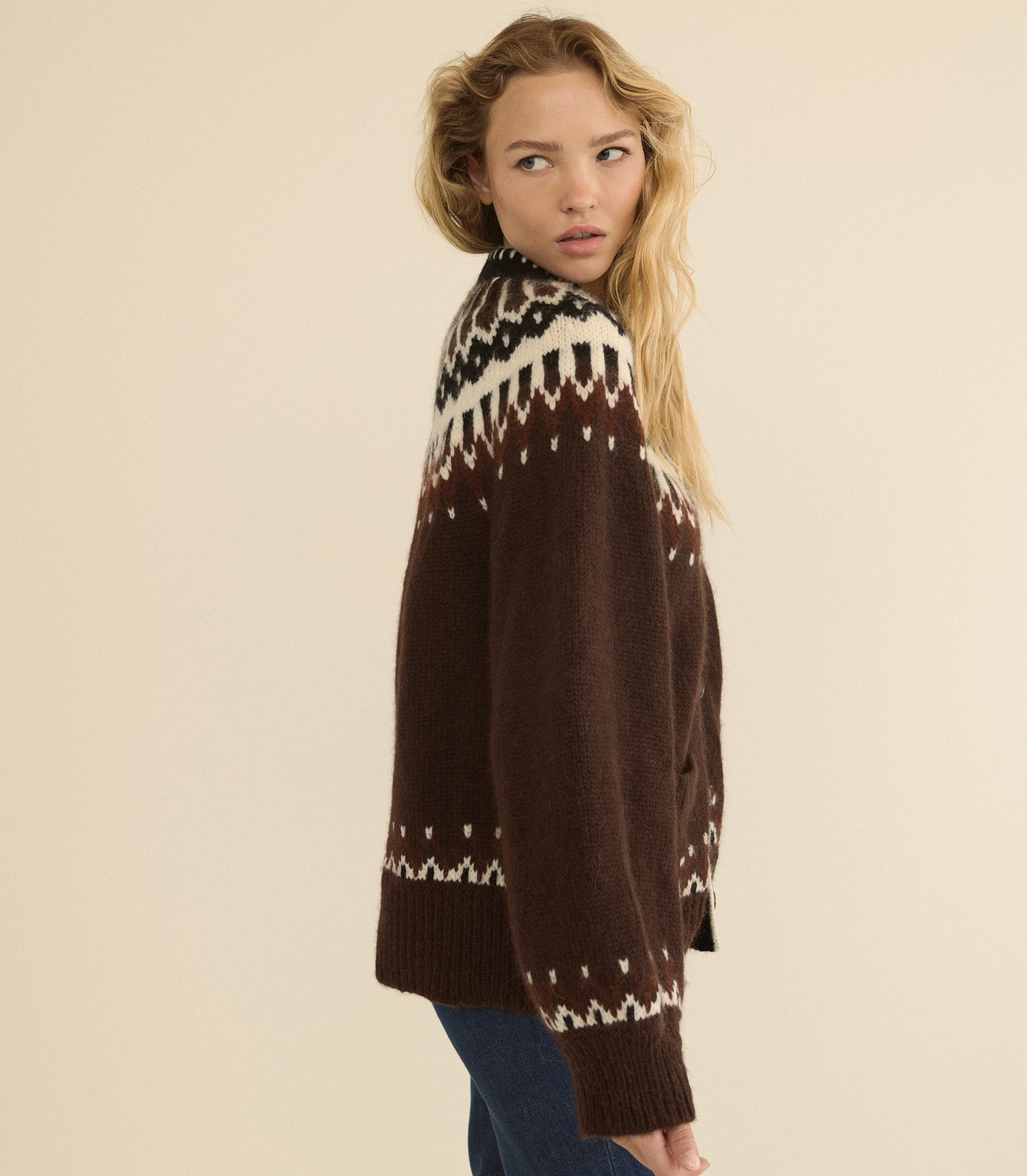 HUE CARDIGAN -- BRUN ABERDEEN FAIR ISLE