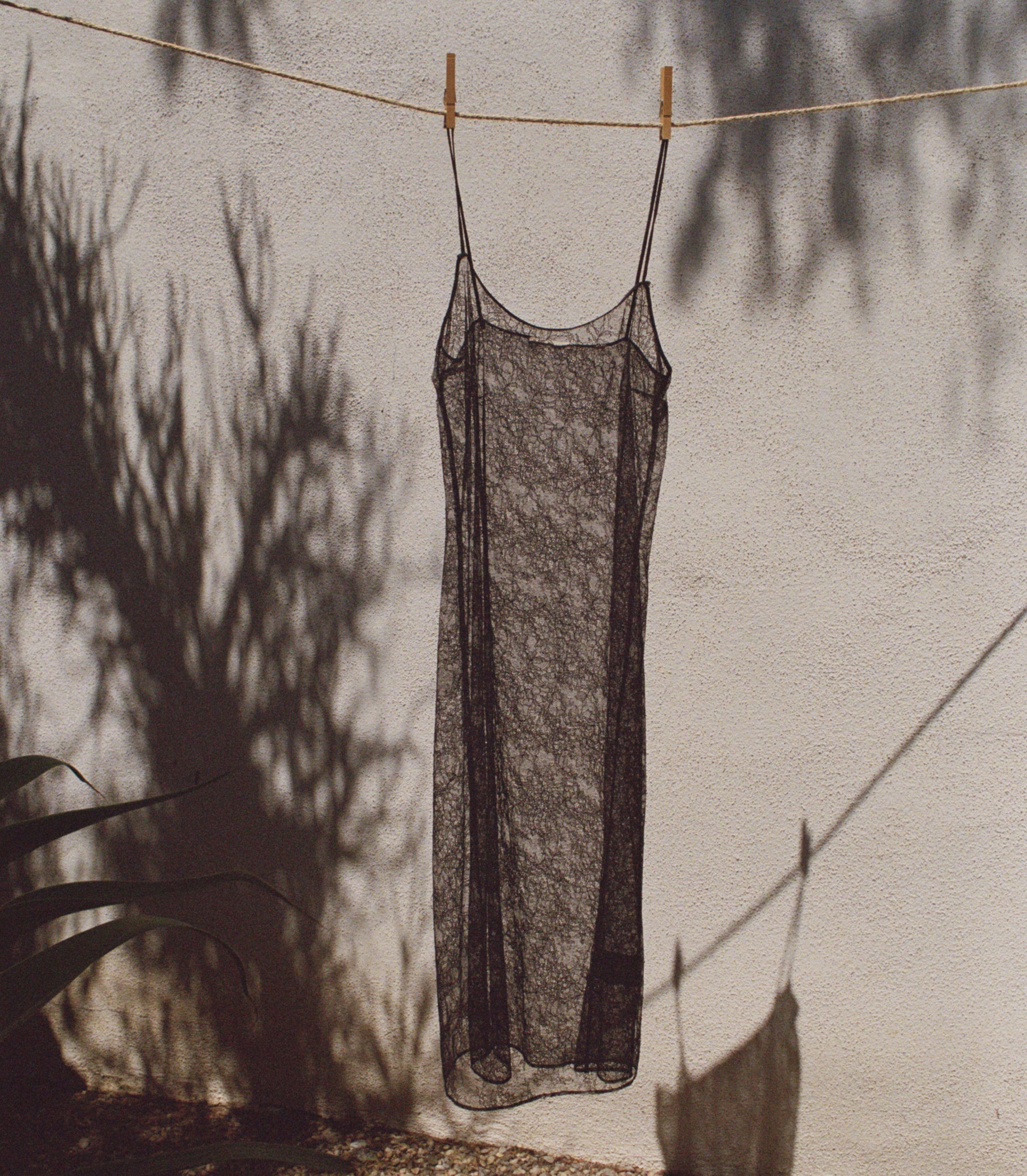 A sheer black lace slip dress hanging from a rope clothesline with wooden clothespins against a textured off-white wall, with strong tree shadows cast across it.