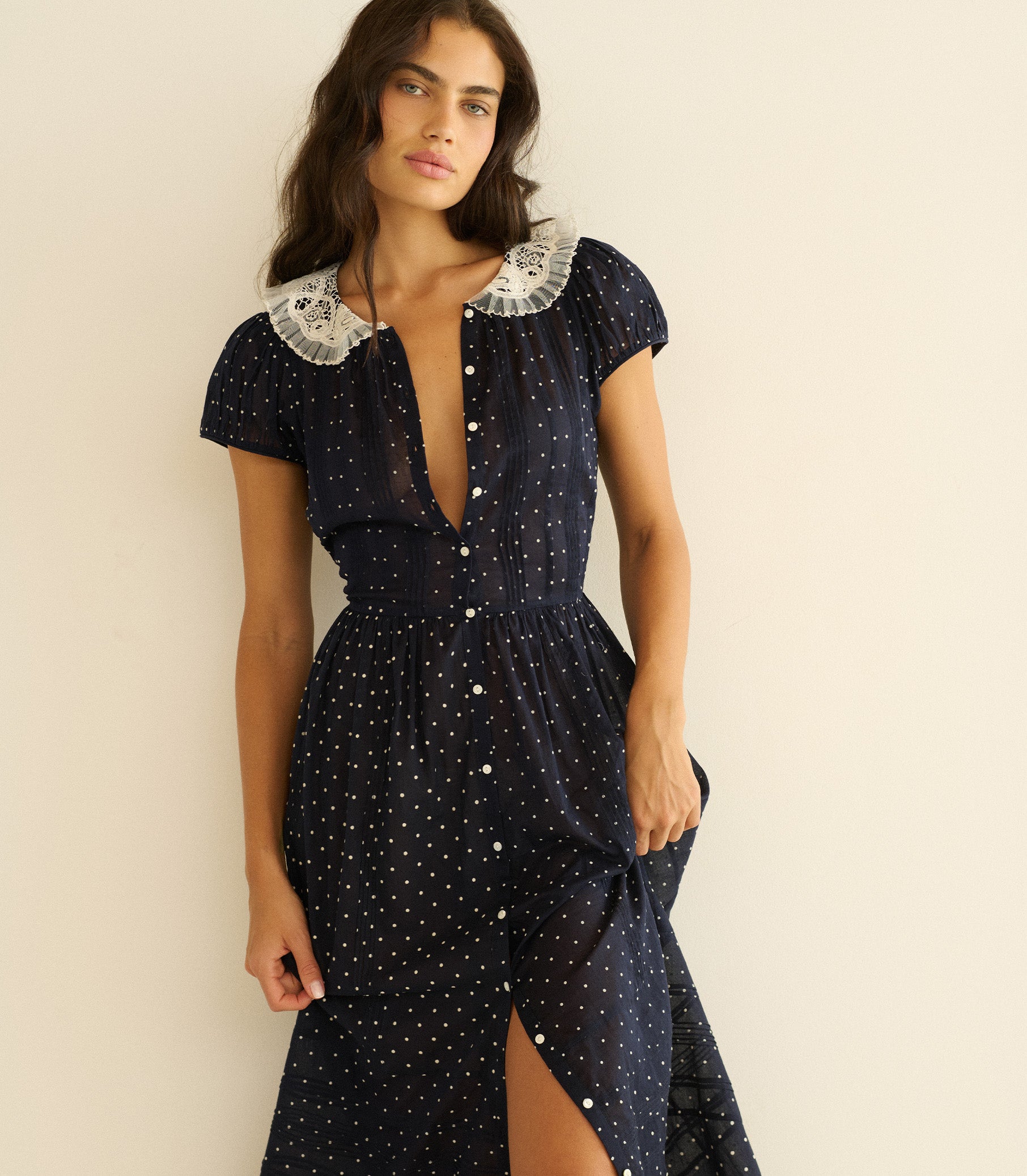 Amérie Dress - Navy Flock Dot | DÔEN