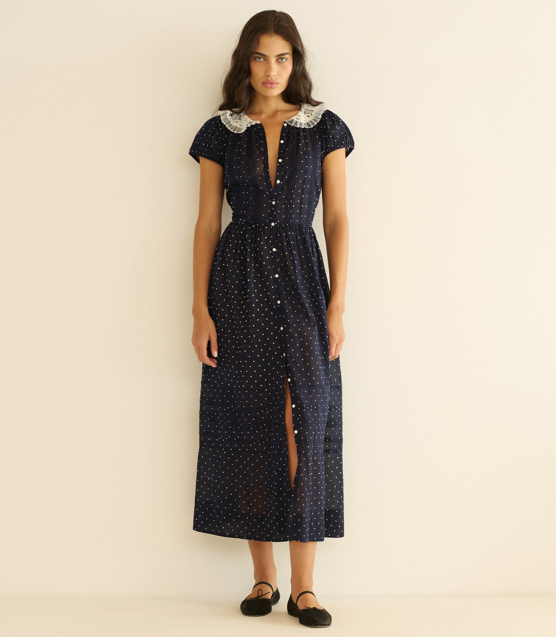 Amérie Dress - Navy Flock Dot | DÔEN