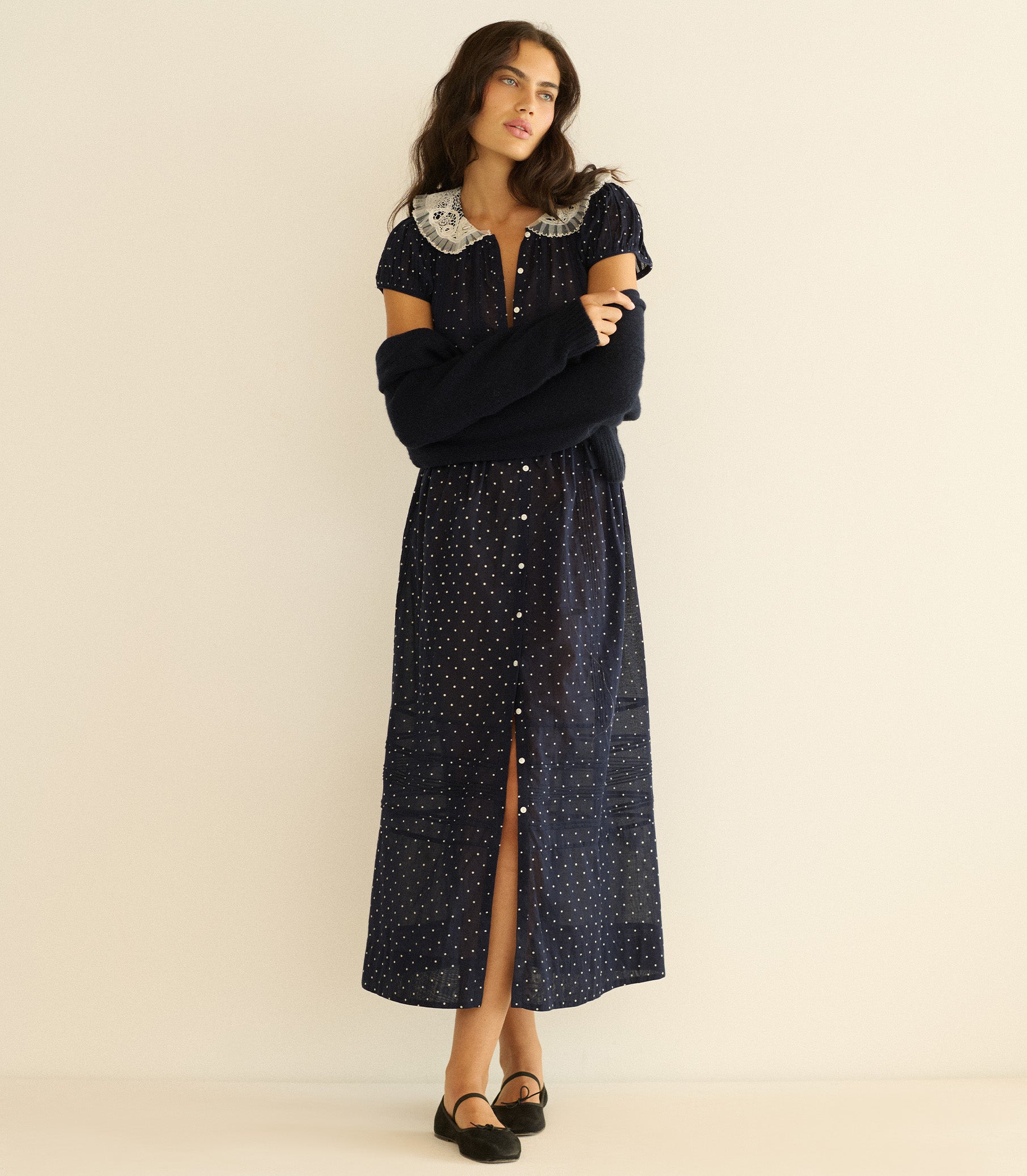 Amérie Dress - Navy Flock Dot | DÔEN