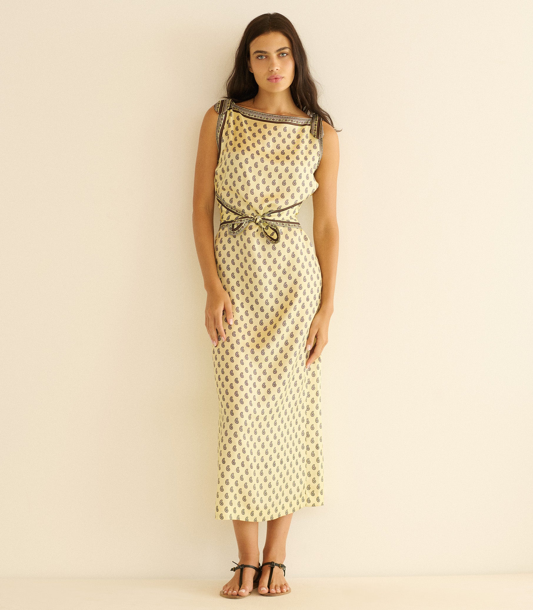 DEN Amorette Taormina Paisley Silk Twill Column Dress In Yellow DEN Amorette Taormina Paisley Silk Twill Column Dress In Yellow