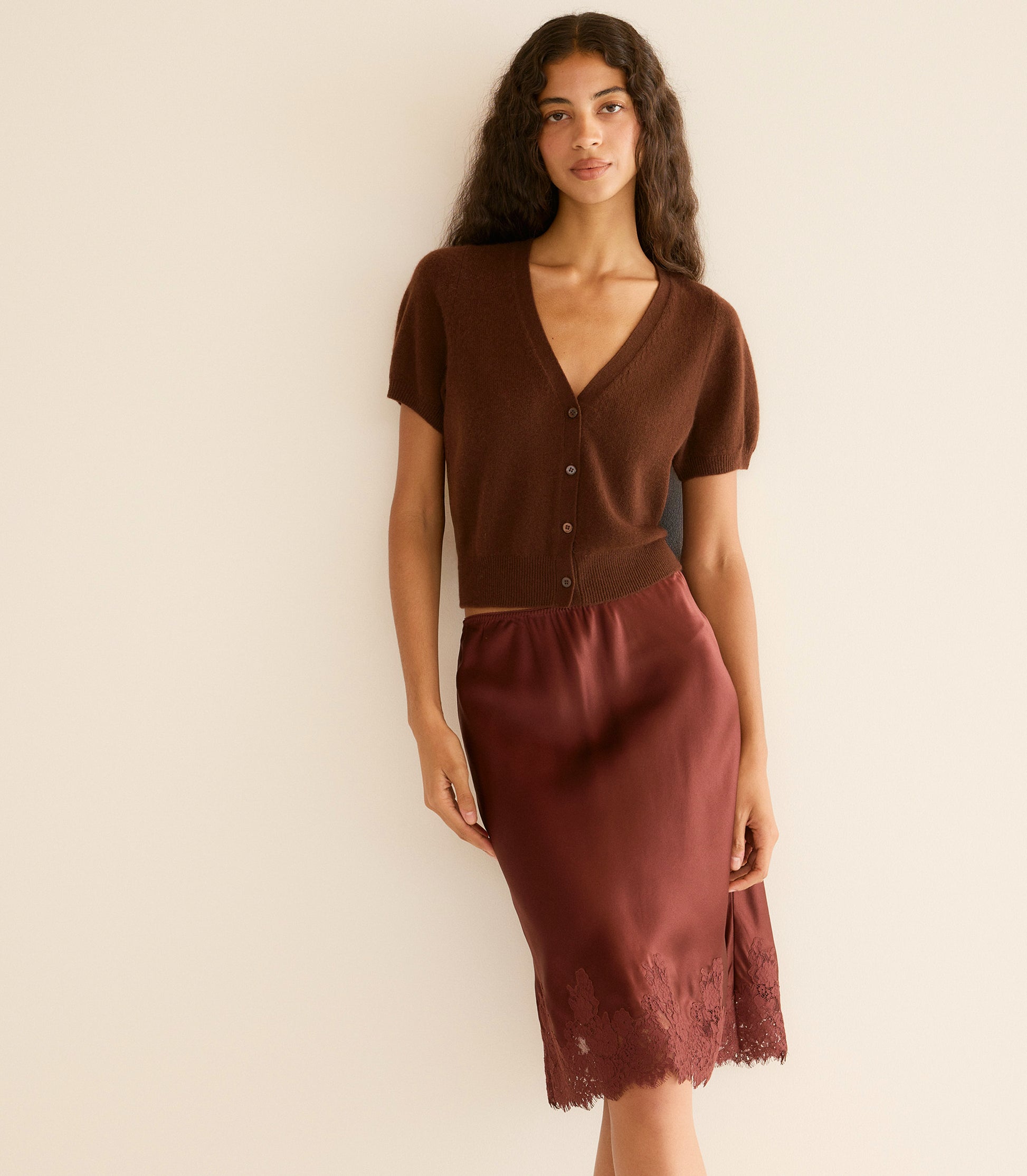 ARELLA CASHMERE CARDIGAN -- DARK UMBER view 1