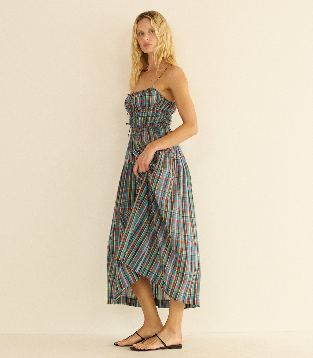 brielle midi dress Brielle gathered checked organic cotton midi dress - blue