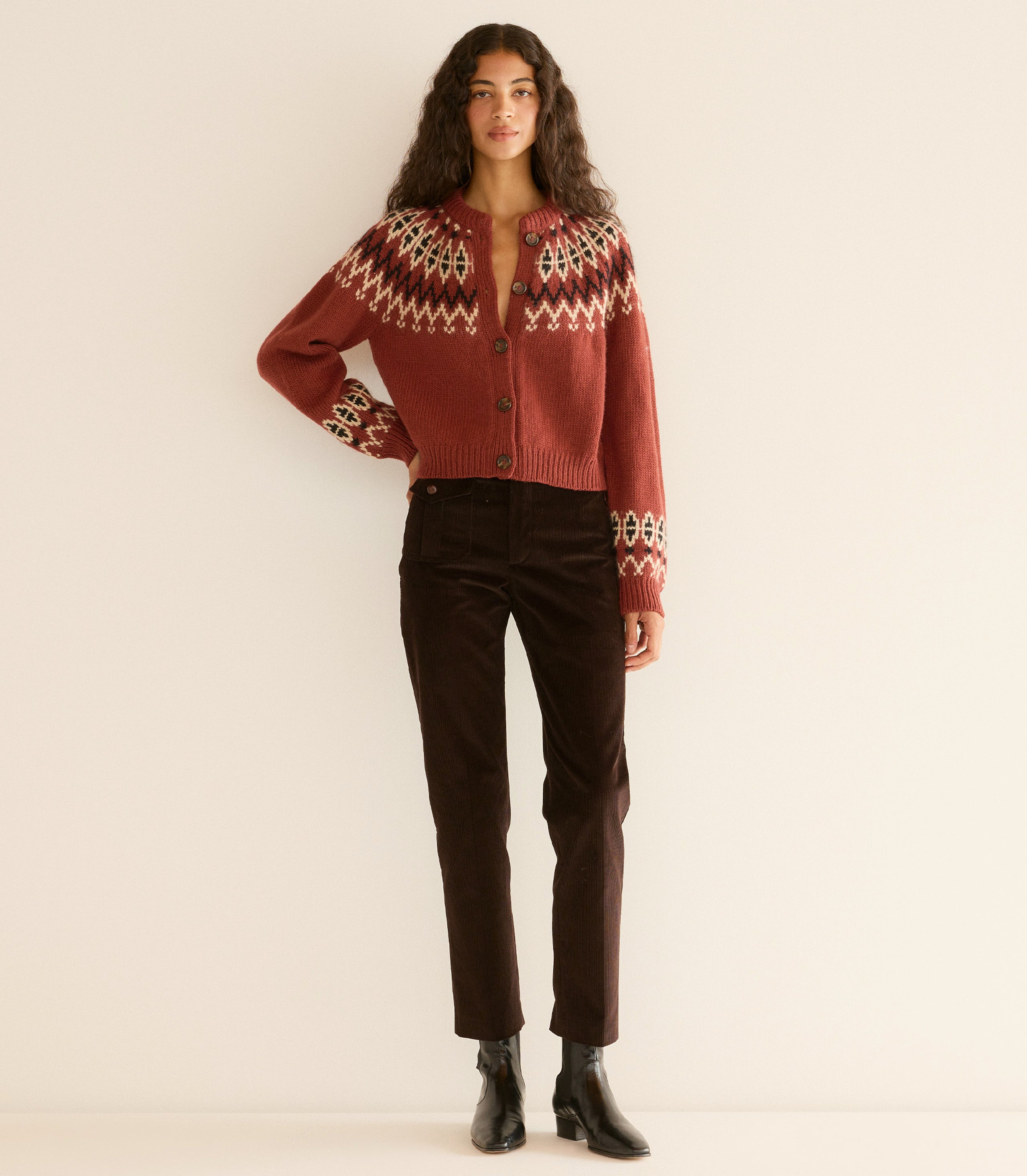 HMD -- CLARKE CARDIGAN -- BURGUNDY OLYMPIA FAIR ISLE