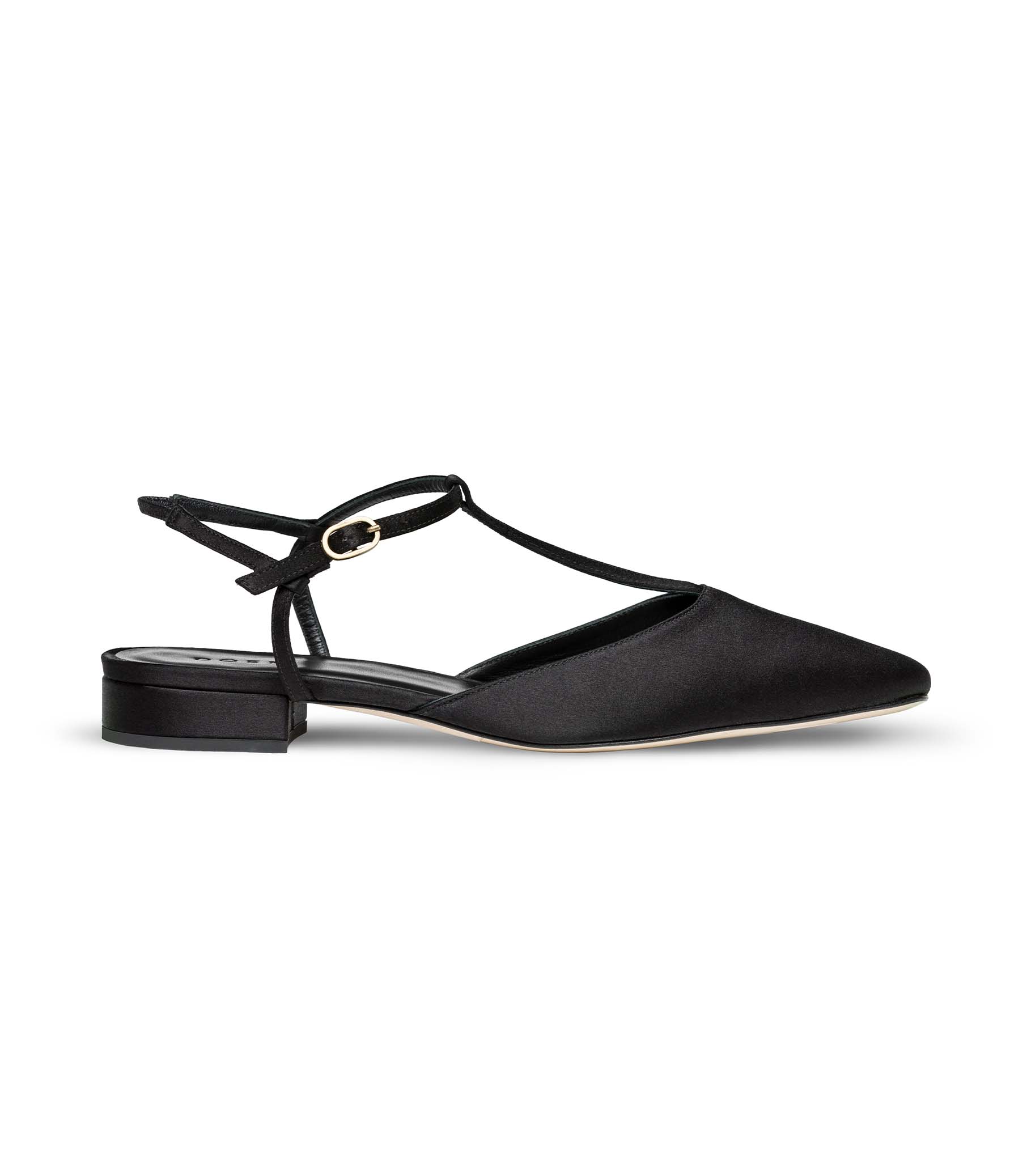 Cristina T Strap Flat Black Satin DOEN