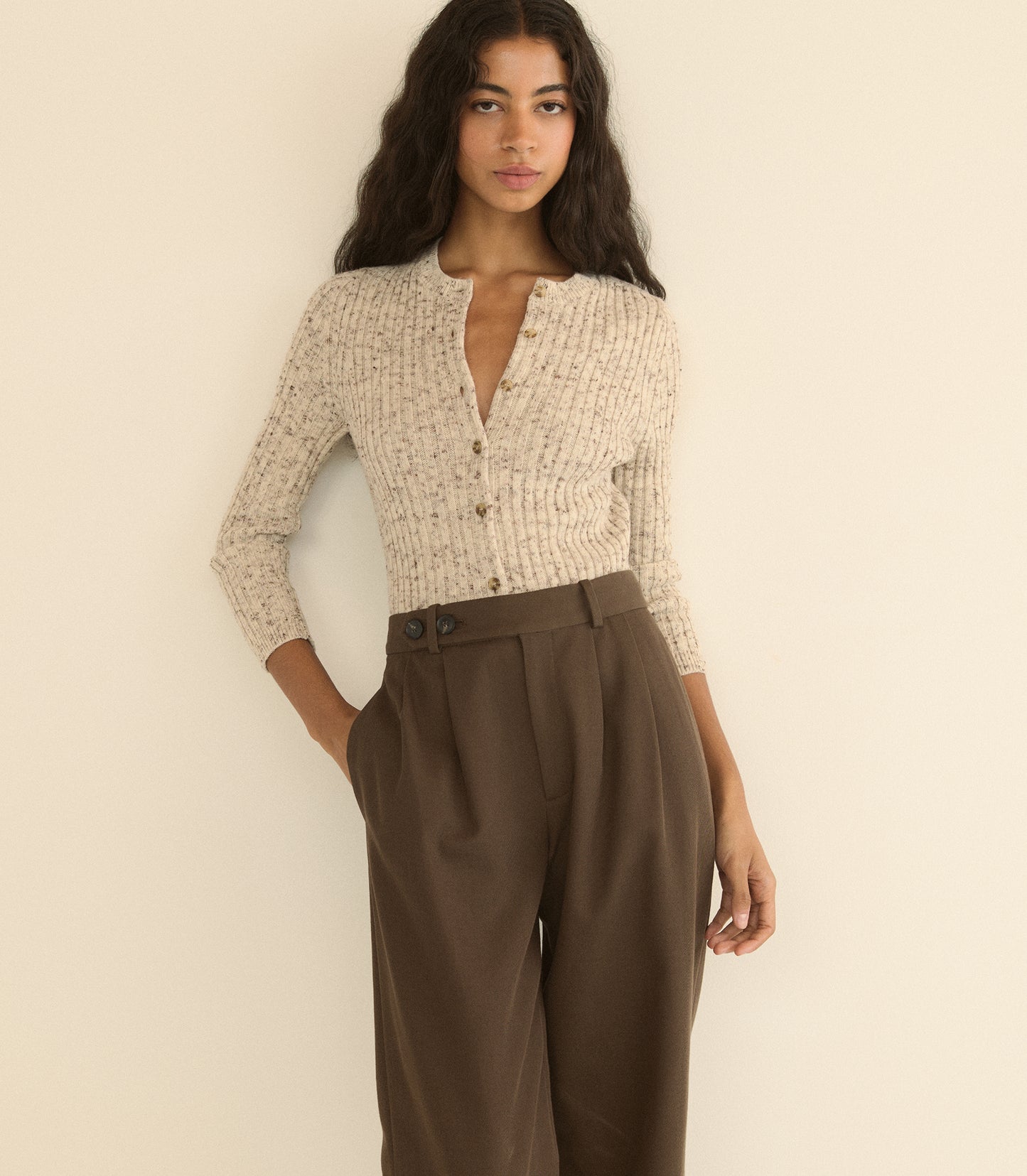 DANAE RIB CARDIGAN -- SABBIA MELANGE