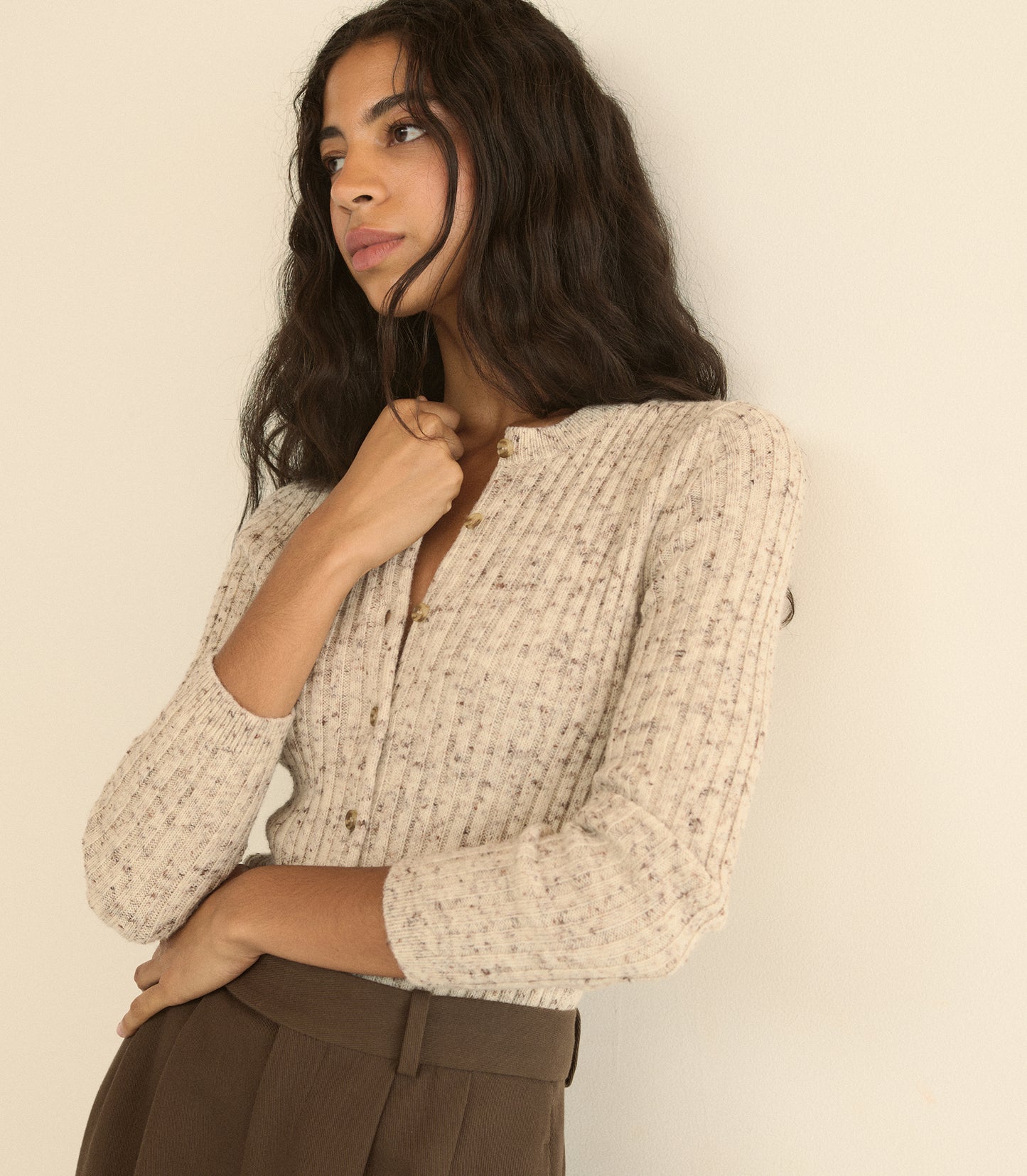 DANAE RIB CARDIGAN -- SABBIA MELANGE