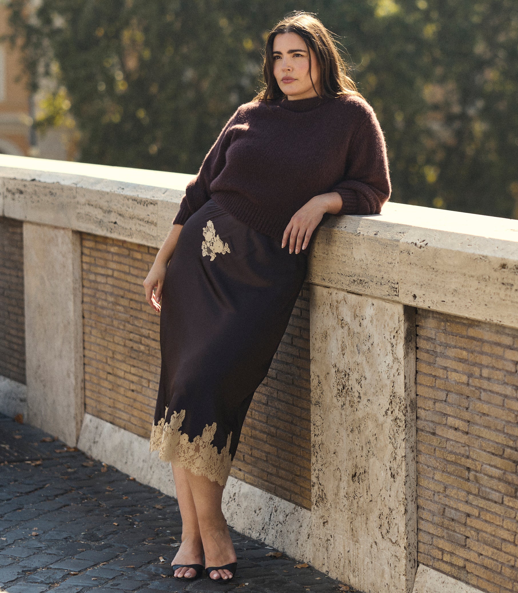 ELOWEN SKIRT -- EQUESTRIAN BROWN WITH CREAM LACE view 2

