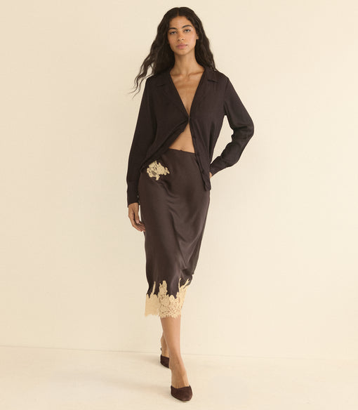ELOWEN SKIRT -- EQUESTRIAN BROWN WITH CREAM LACE