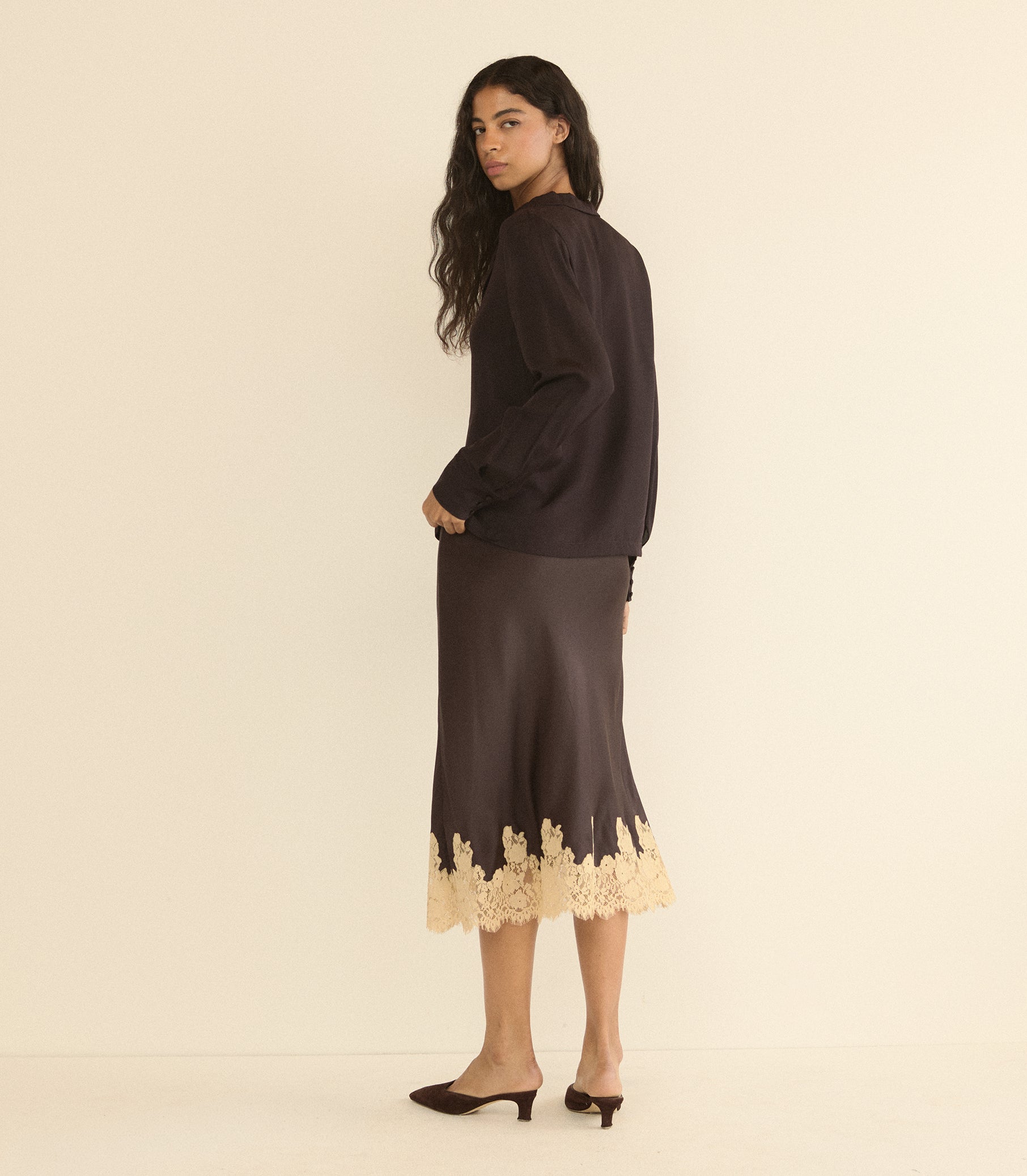 ELOWEN SKIRT -- EQUESTRIAN BROWN WITH CREAM LACE view 6

