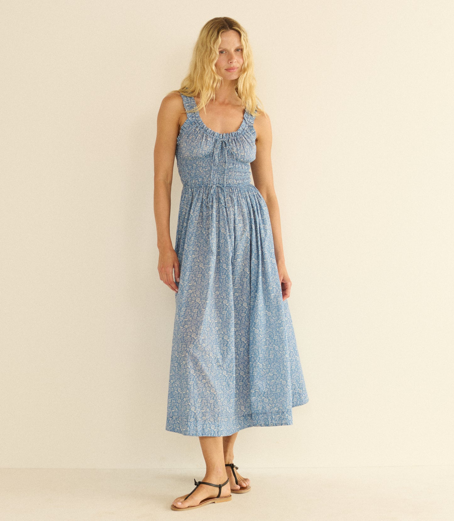 DÔEN Emmaretta Floral Cotton Midi Dress - Blue Garden Bloom