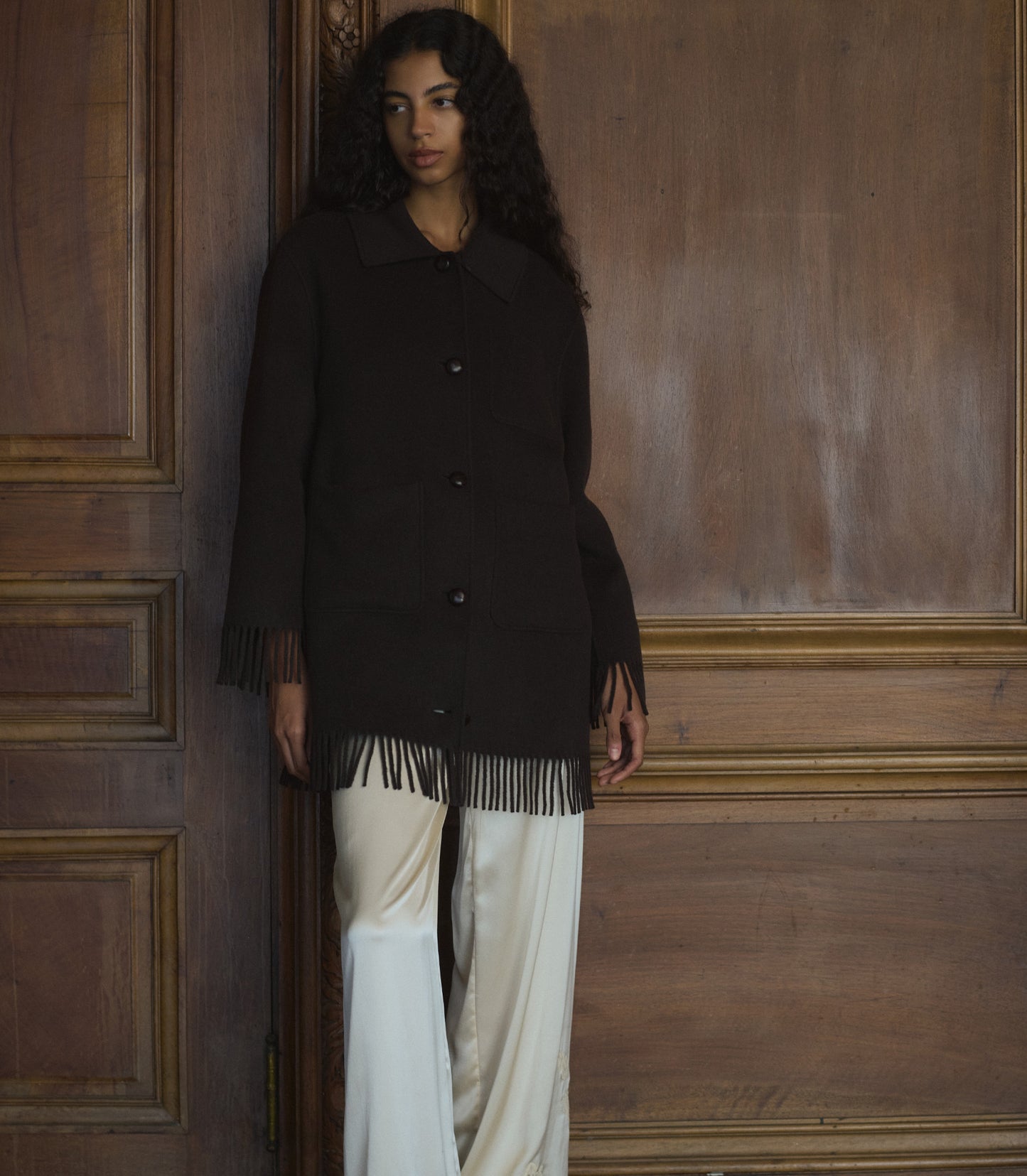 GERMAIN FRINGE COAT -- BITTER CHOCOLATE