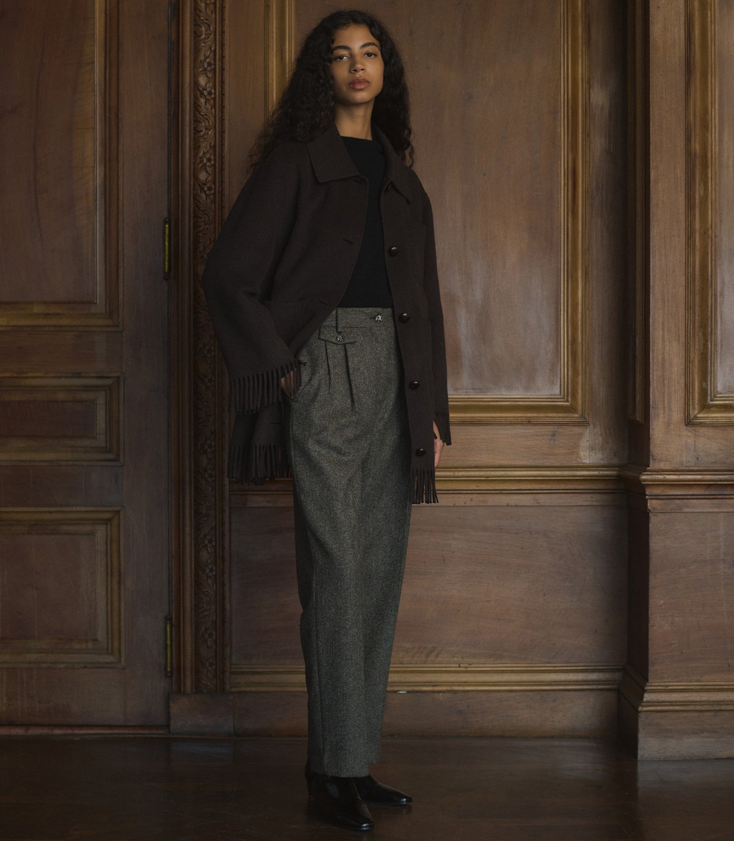GERMAIN FRINGE COAT -- BITTER CHOCOLATE