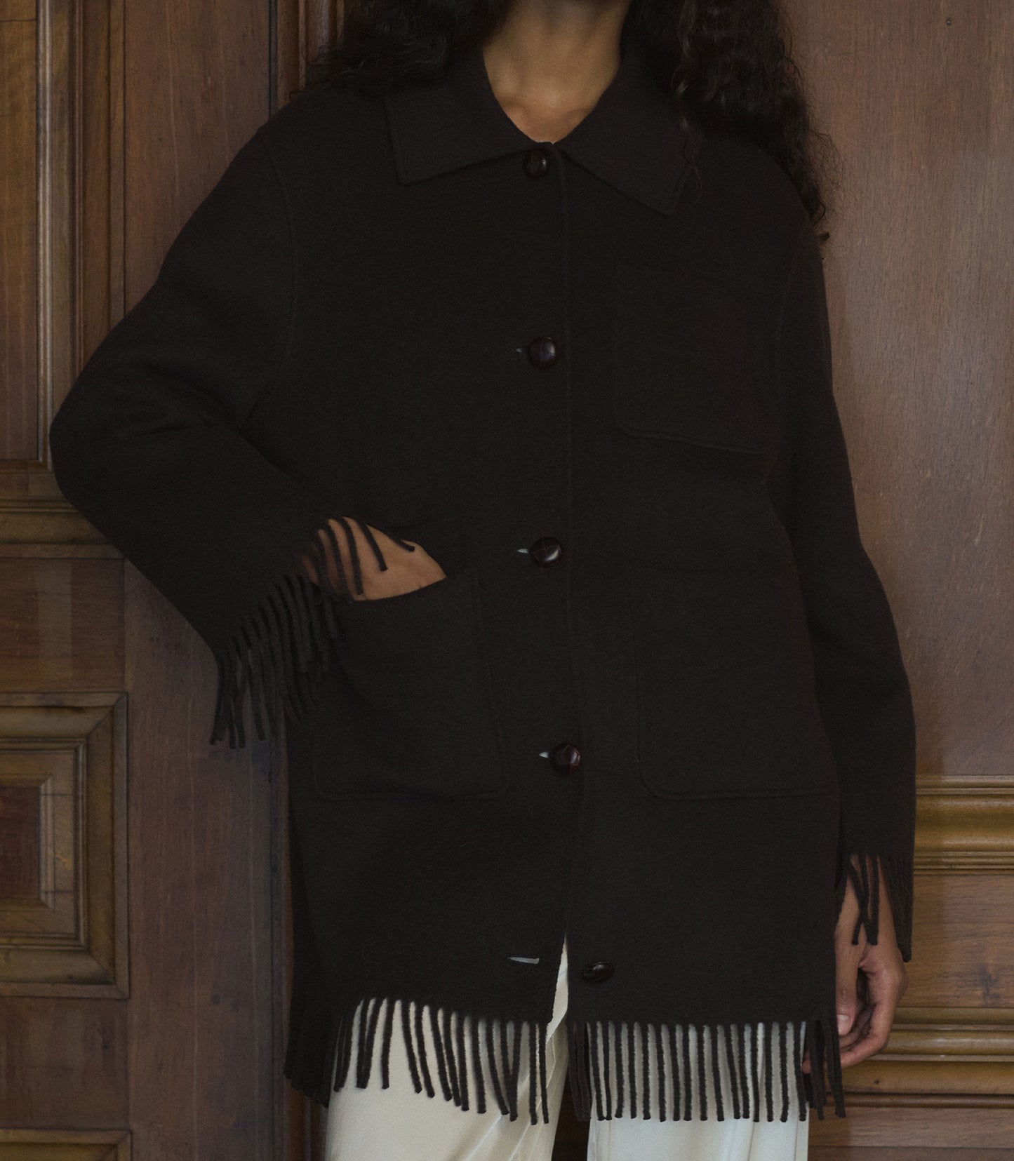 GERMAIN FRINGE COAT -- BITTER CHOCOLATE