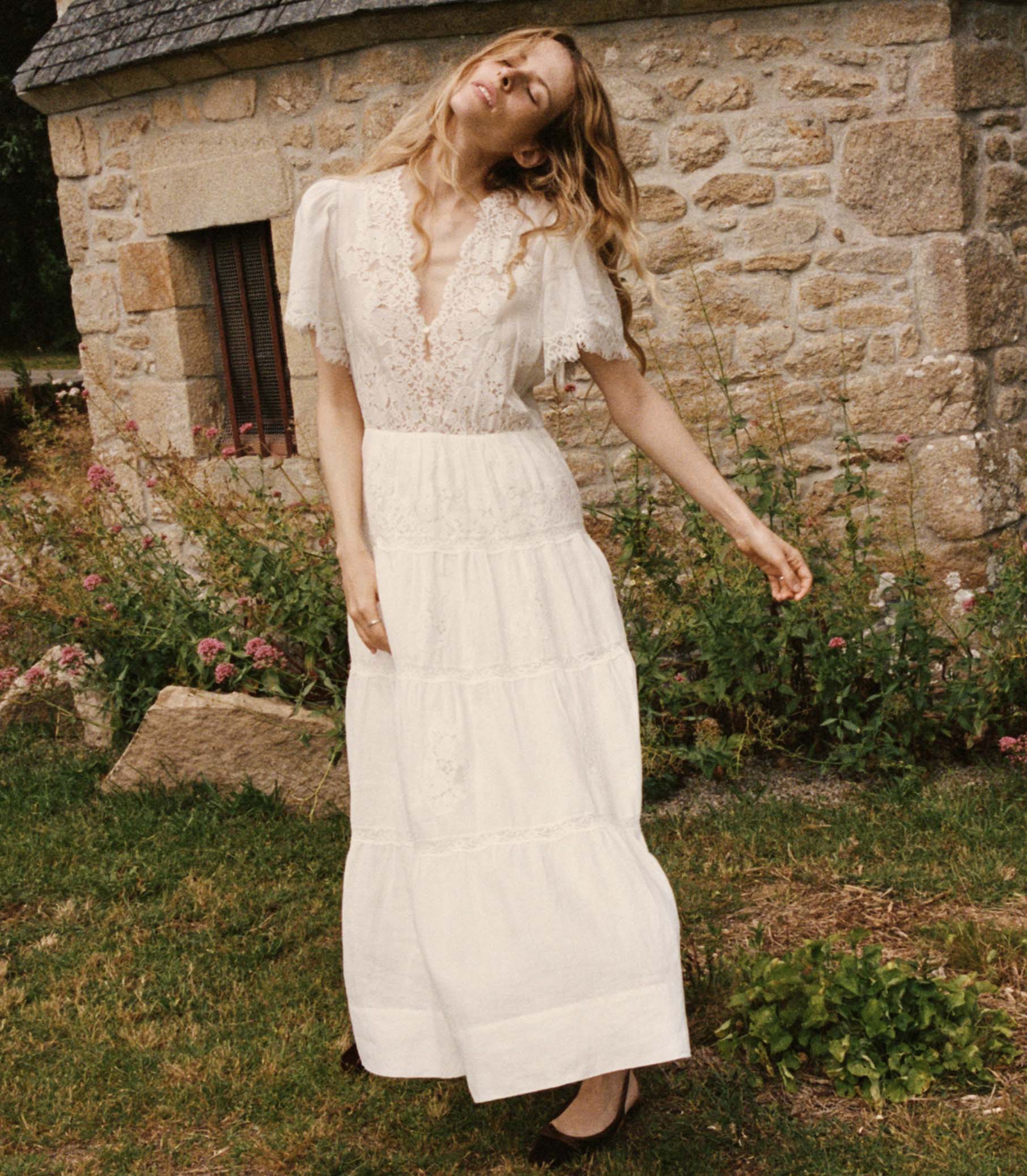 knee length dresses for ladies Brown Lace Trim Aida Midi Dress