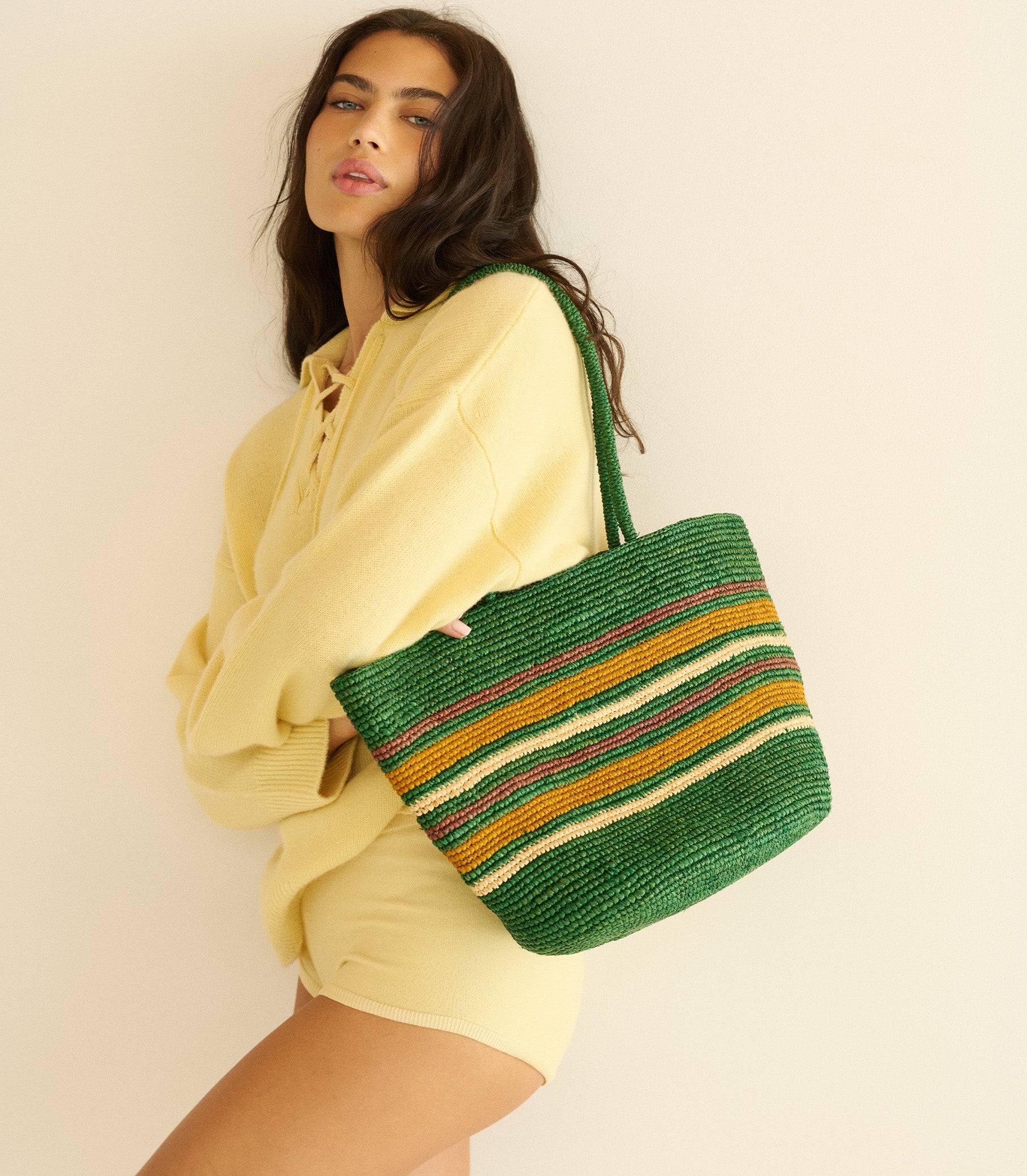 Harbour Tote - Green Striped Raffia | DÔEN