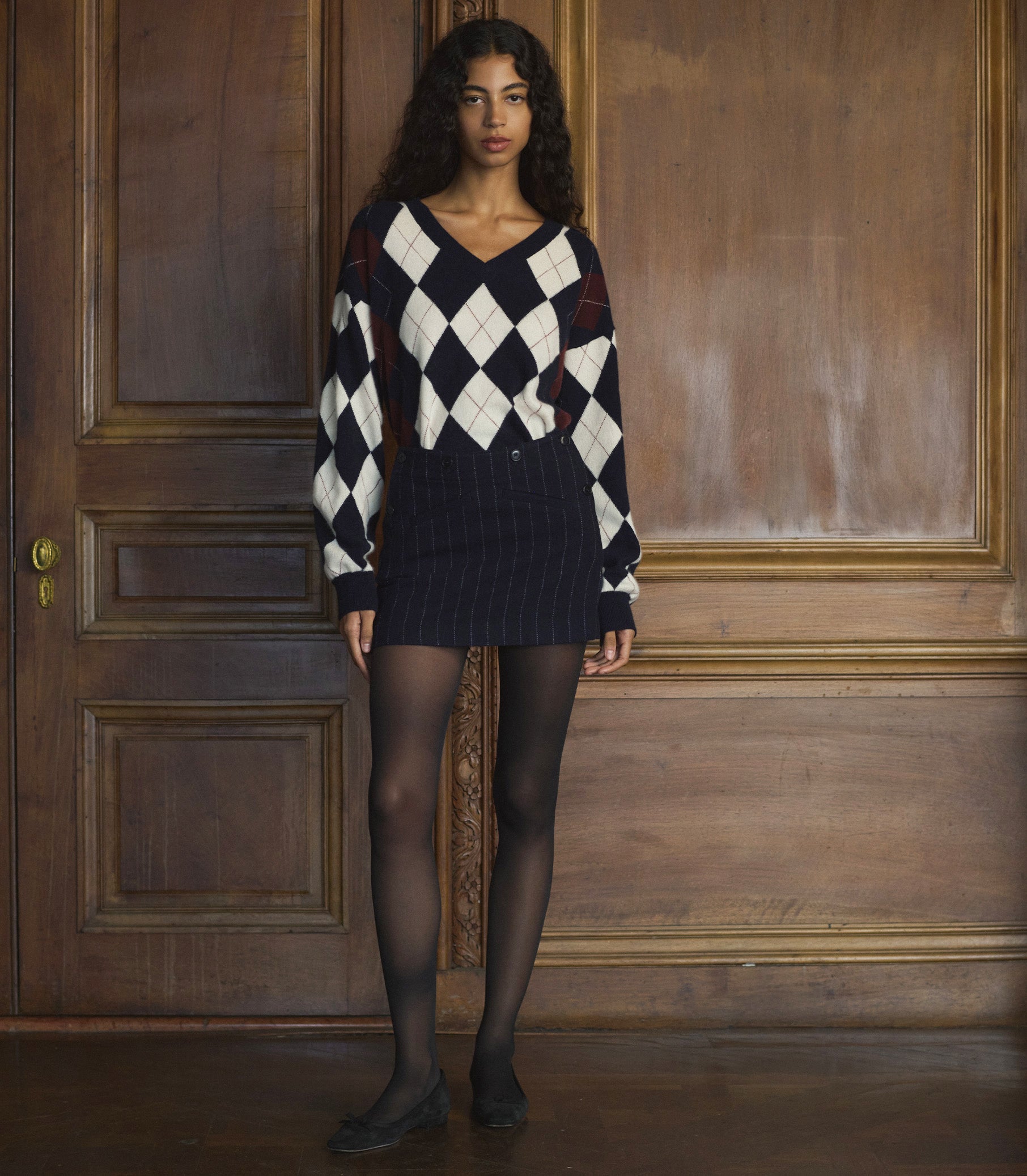 HARLEQUIN CASHMERE SWEATER -- NAVY ARGYLE