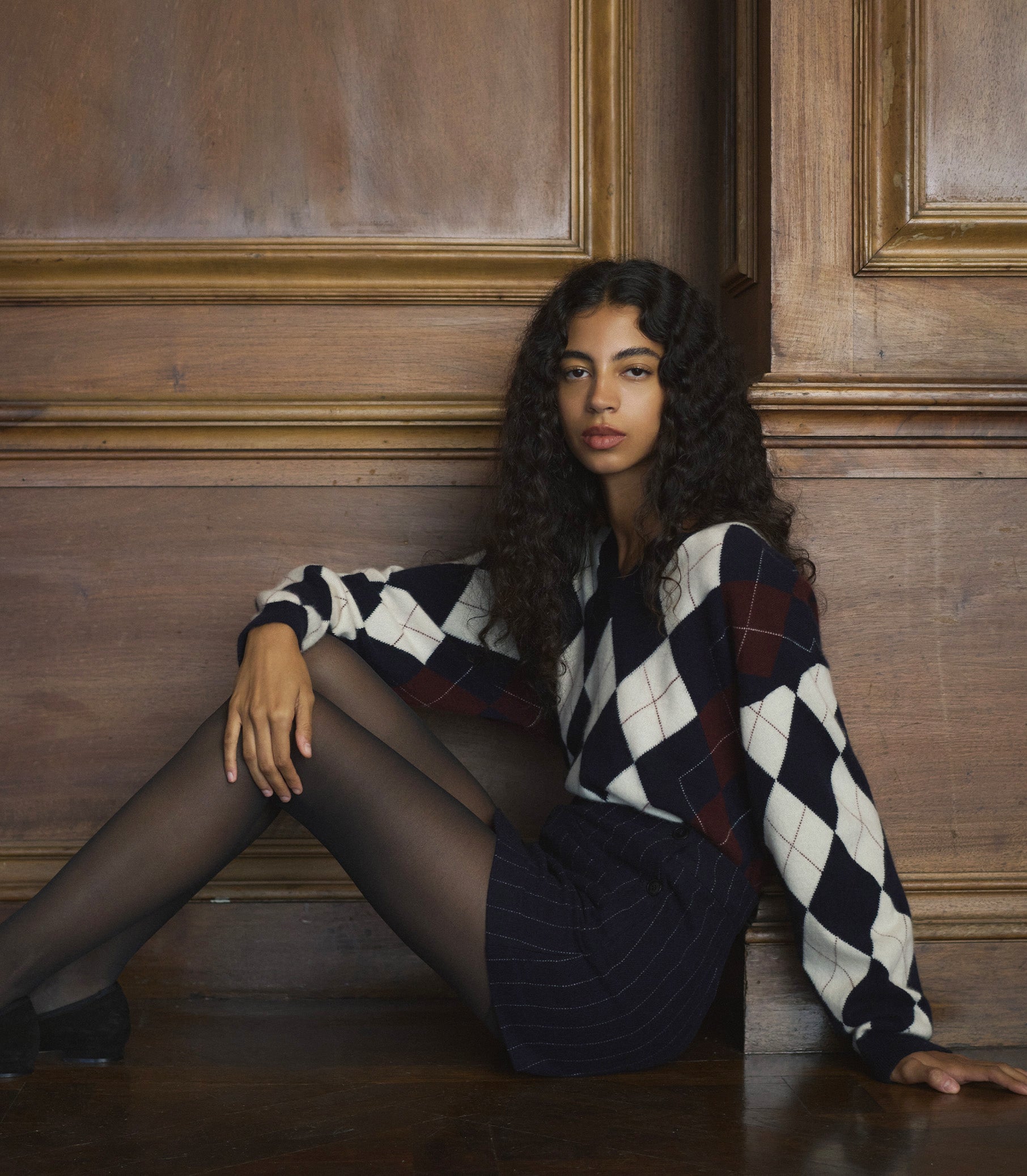 Harlequin Cashmere Sweater - Navy Argyle | DÔEN