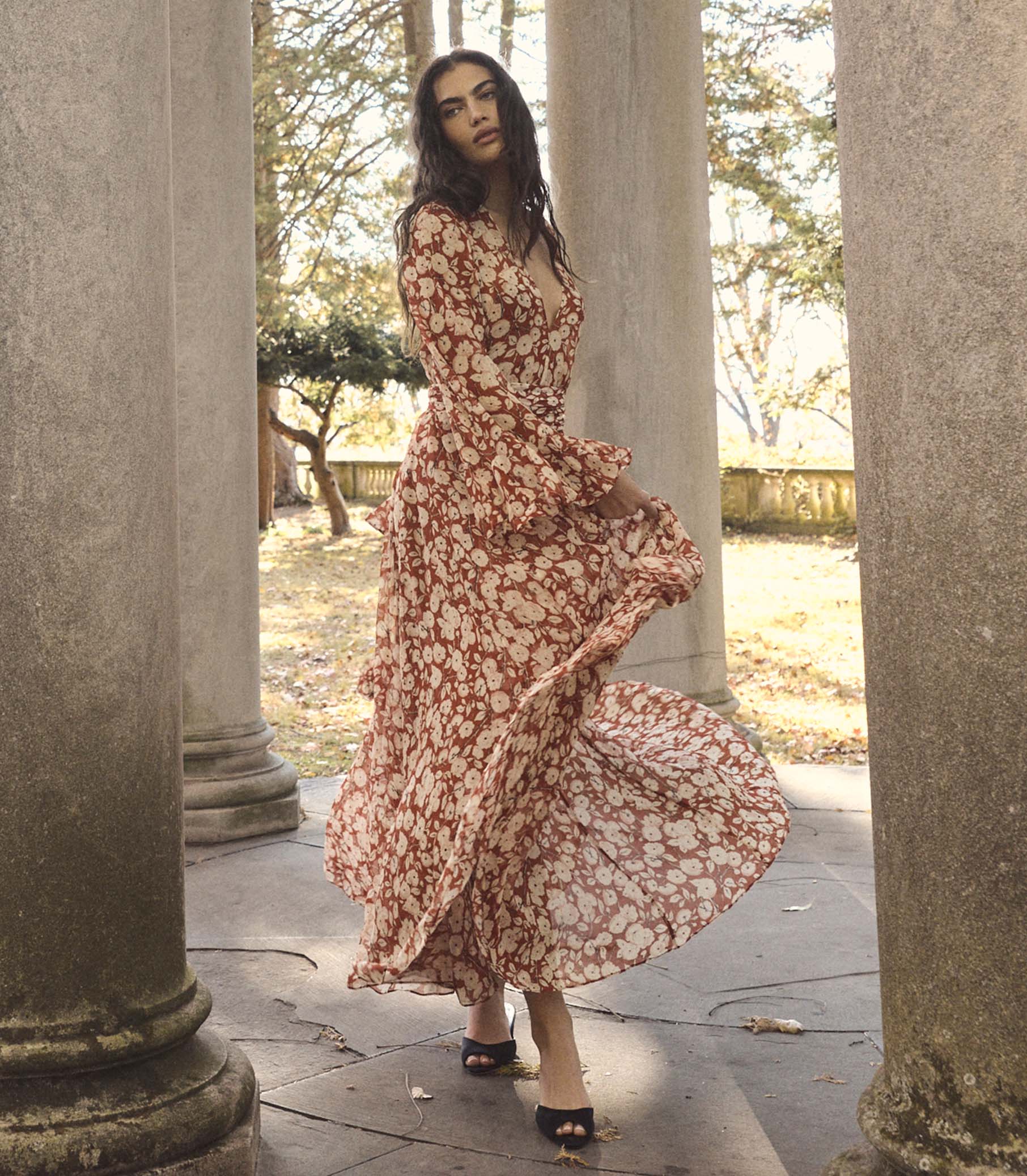 brown rose dress Gina Tricot rose print mesh burnout open back maxi dress in dark brown