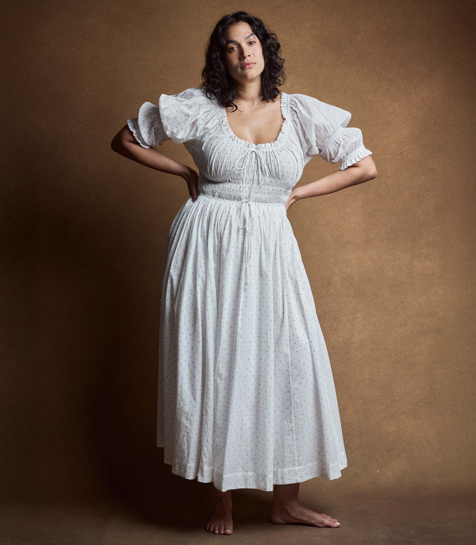 doen ischia dress Doen Women's Ischia In White Ruffle Smocked Cotton & Viscose Long Maxi Dress