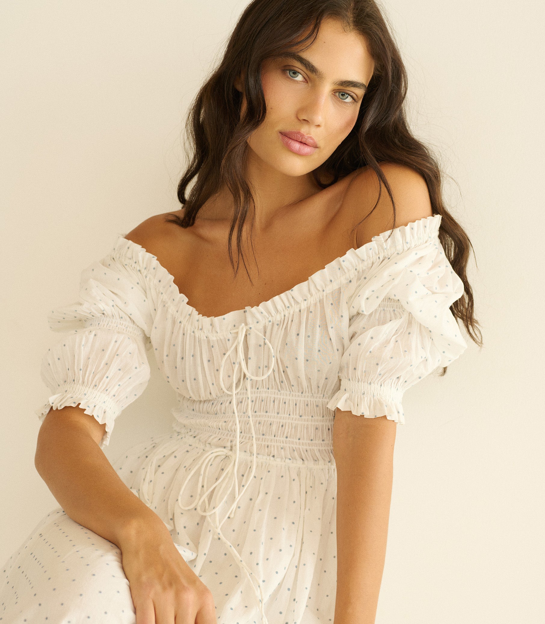 aldina dotted chiffon fit and flare dress in white Dotted A-line Dress in White