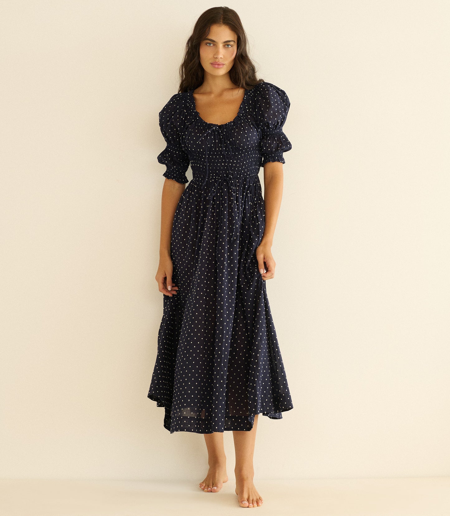 ISCHIA DRESS -- NAVY FLOCK DOT