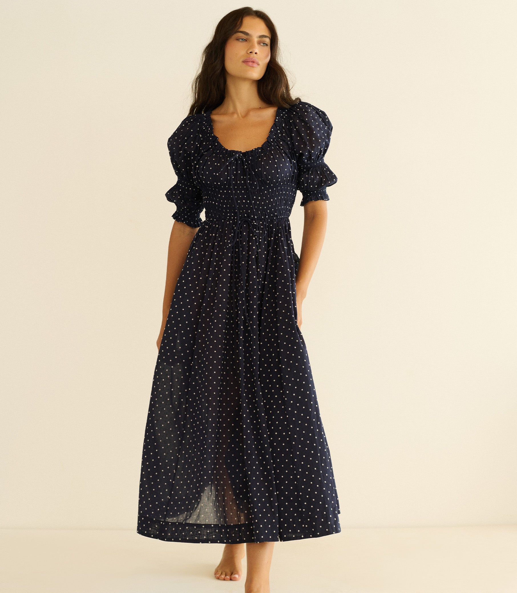Ischia Dress - Navy Flock Dot | DÔEN