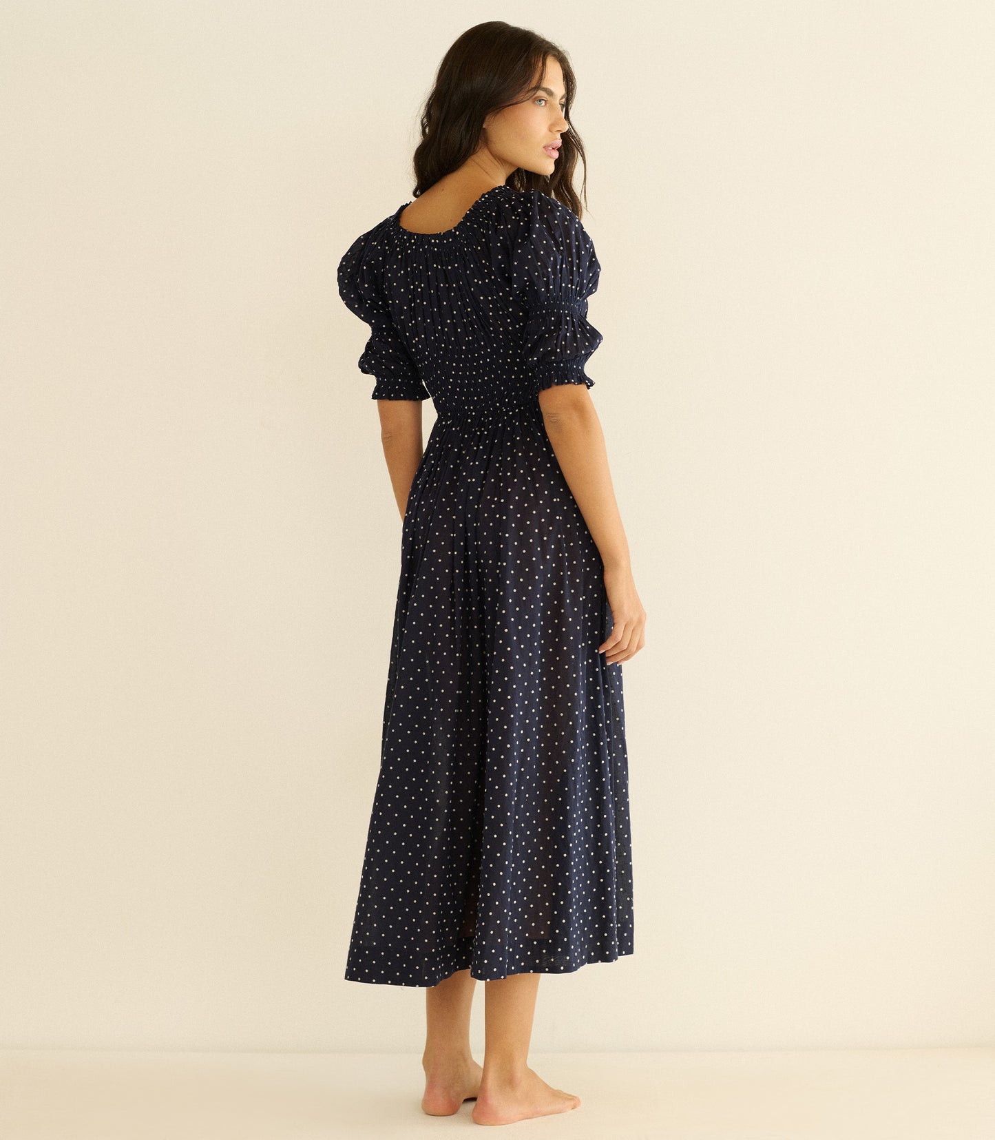ISCHIA DRESS -- NAVY FLOCK DOT