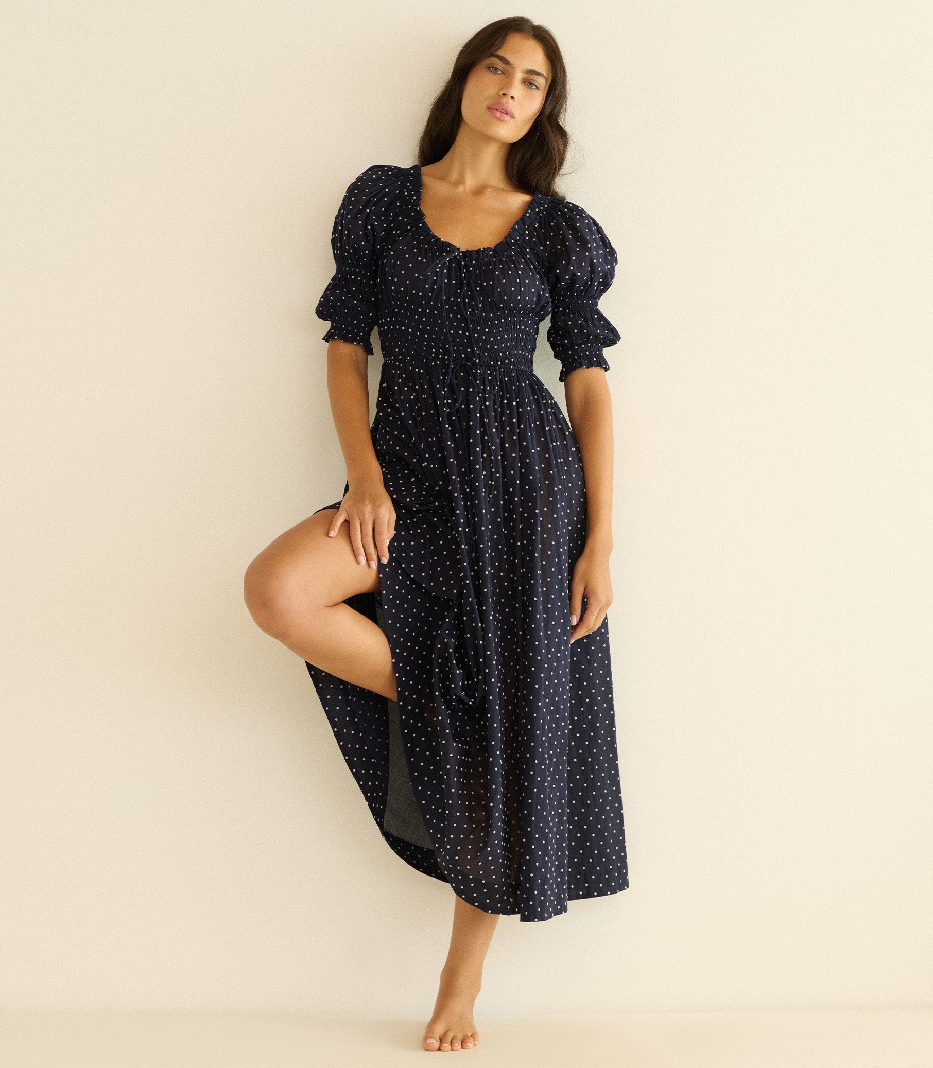 Ischia Dress - Navy Flock Dot | DÔEN