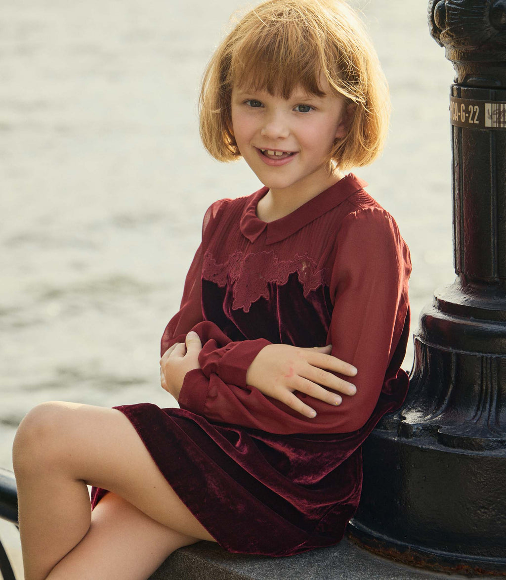 little red velvet dress Handmade Shrink Pleated Embroidery Red Velvet Doll Collar Dress