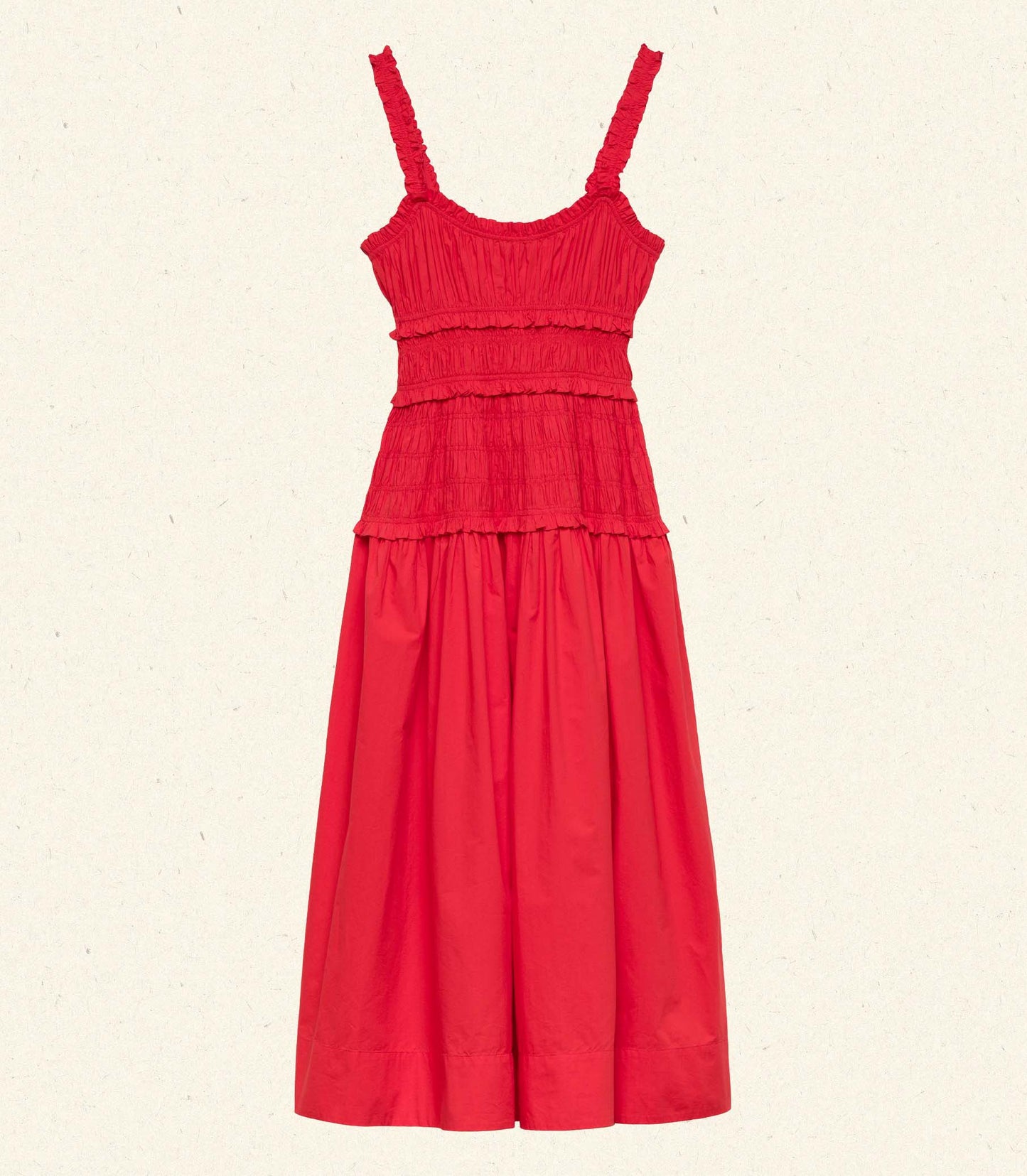 Rocio is wearing a red mid-length dress with sandals.