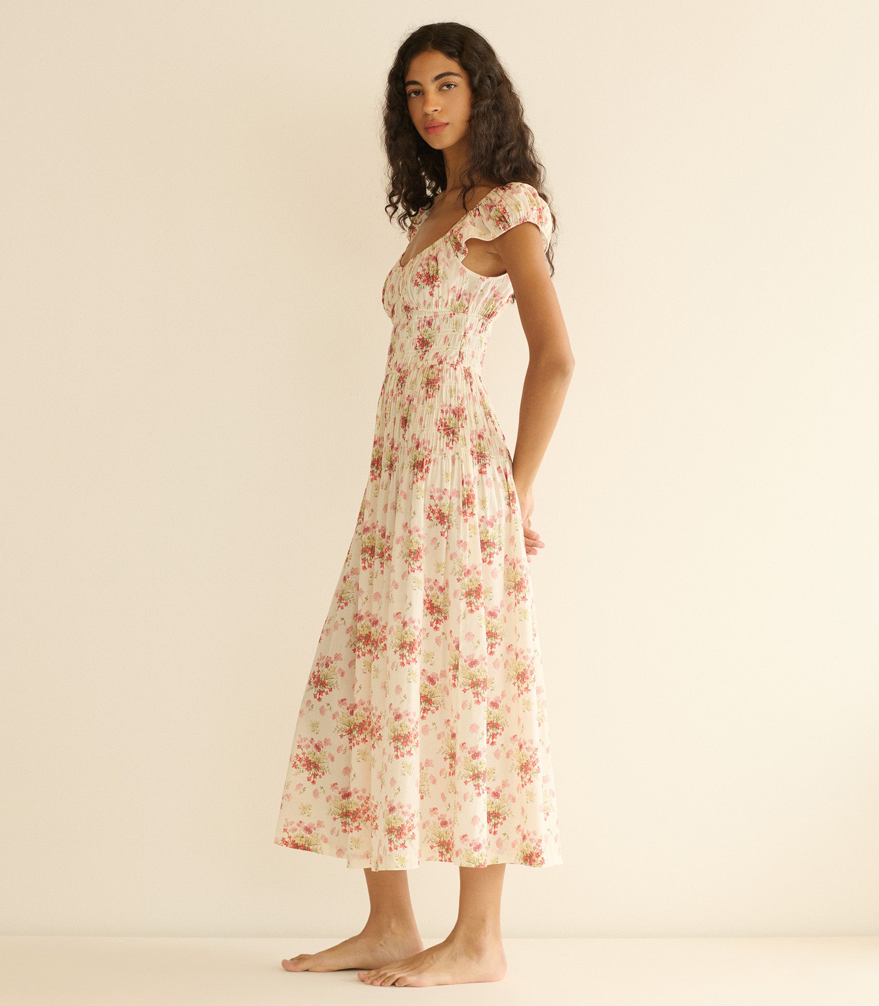 DEN Quinette Floral Midi Dress - Ivory Lantana Floral DEN Quinette Floral Midi Dress - Ivory Lantana Floral