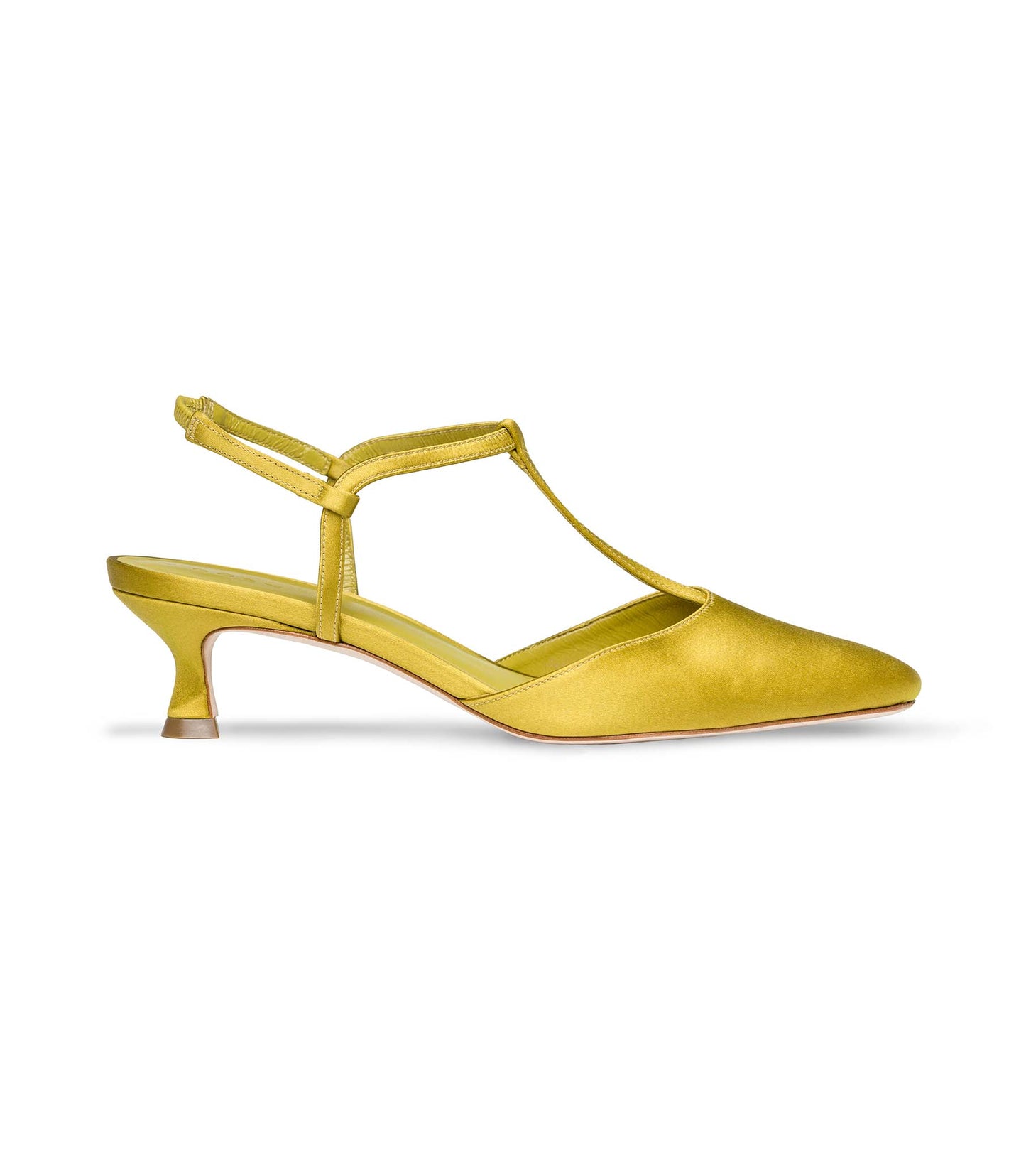 TABITHA T STRAP HEEL -- GOLDEN PALM SATIN