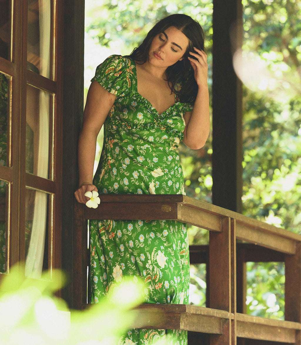 DÔEN Women's Valerine Dress, Emerald Hollyhock Hills | Size: XS