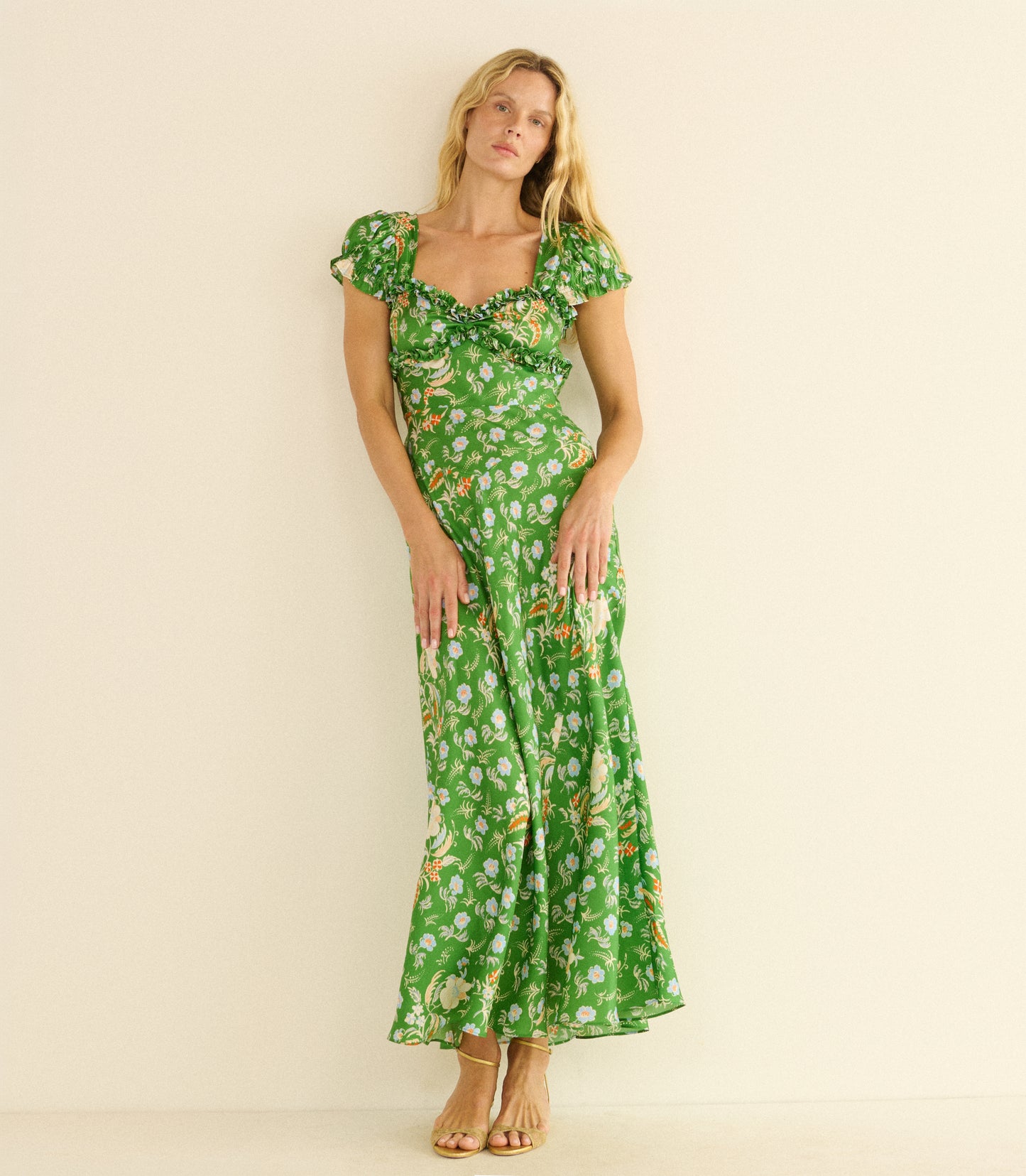 doen green silk dress Valerine floral silk satin maxi dress in green - Doen