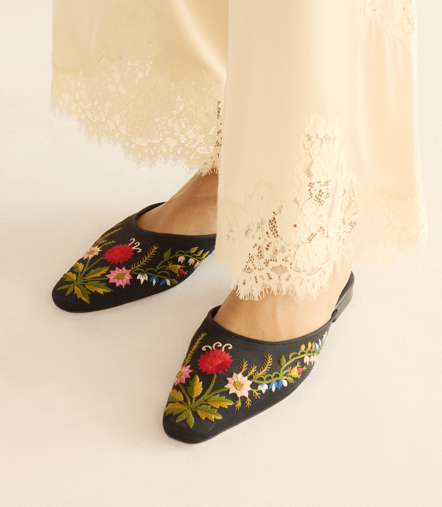 WREN MULE -- EMBROIDERED BLACK SATIN view 1