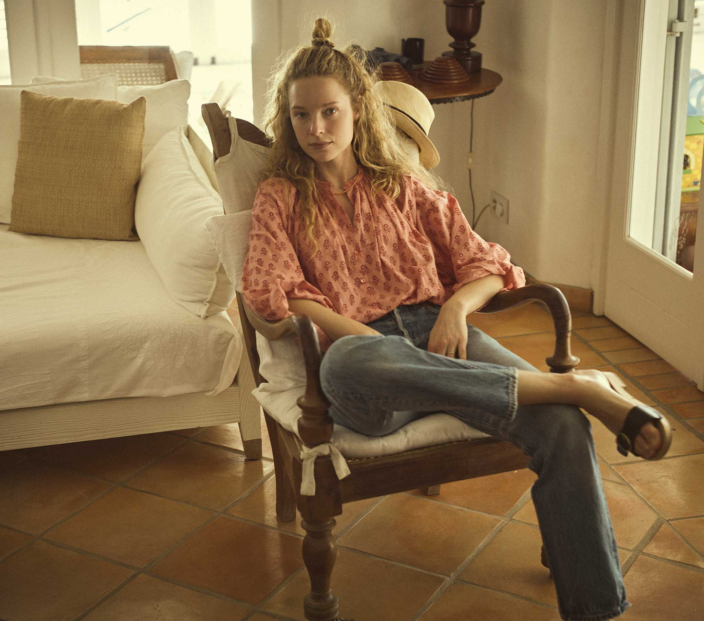 HMD -- THE JANE BLOUSE -- PINK SUNFLOWER BLOCK PRINT
