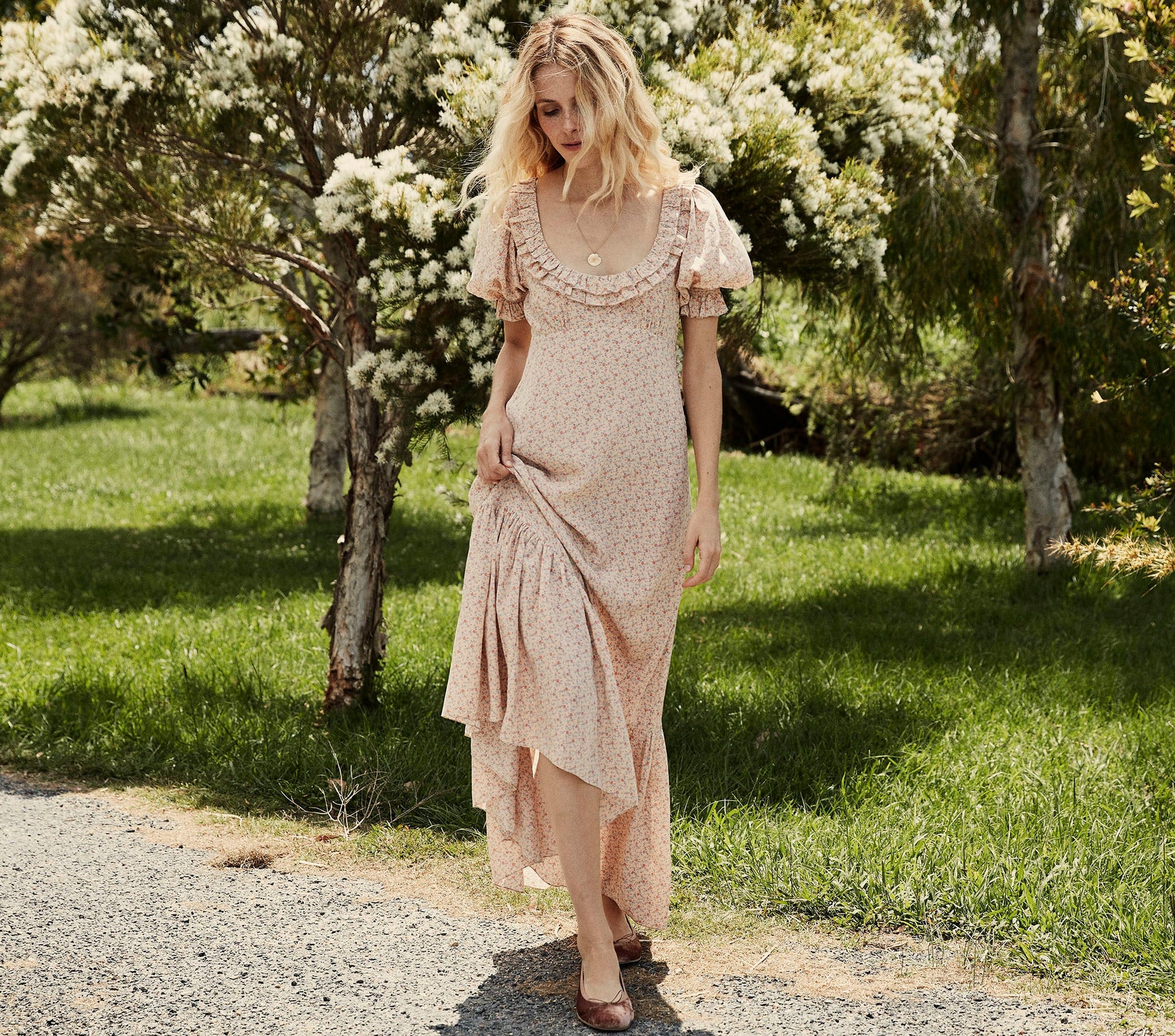 HMD -- OLIVE DRESS -- PEACH MARTHA'S GARDEN PRINT view 3
