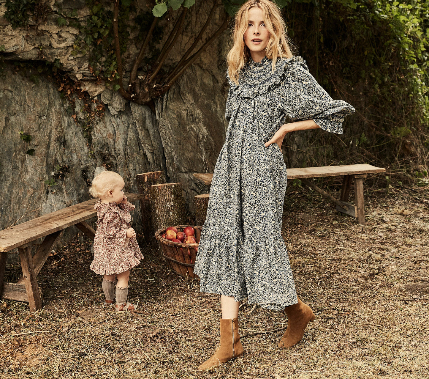 HMD -- ROSETTA DRESS -- CREAM/BLUE PRANCING FAWN FLORAL