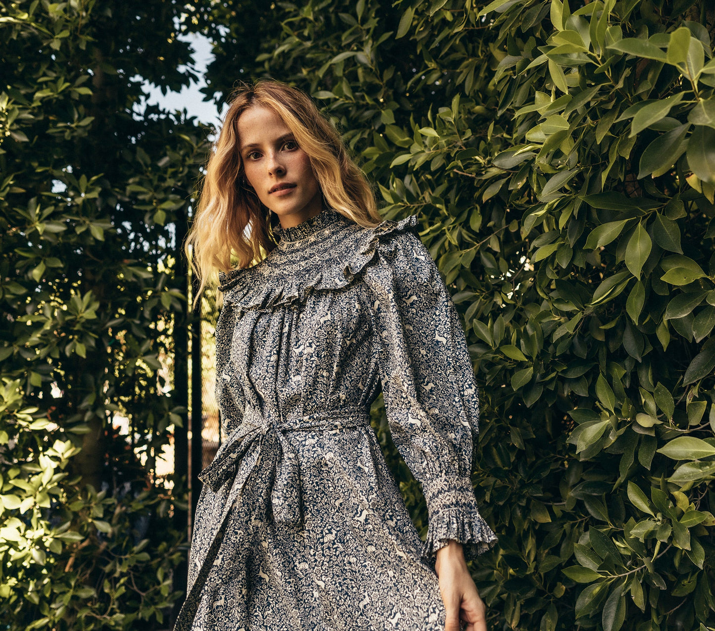 HMD -- ROSETTA DRESS -- CREAM/BLUE PRANCING FAWN FLORAL