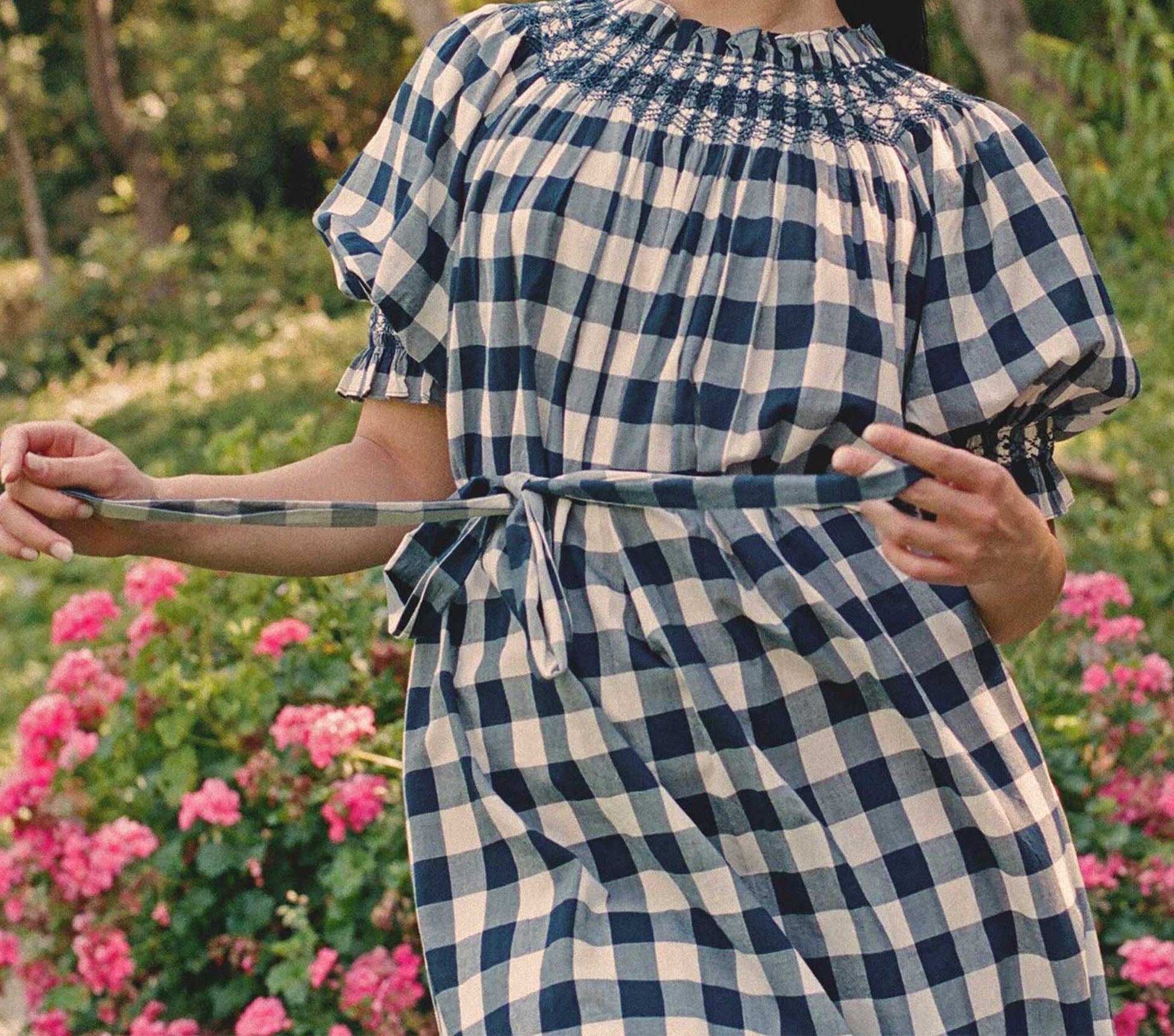 HMD -- WHISPER DRESS -- NAVY GINGHAM view 1
